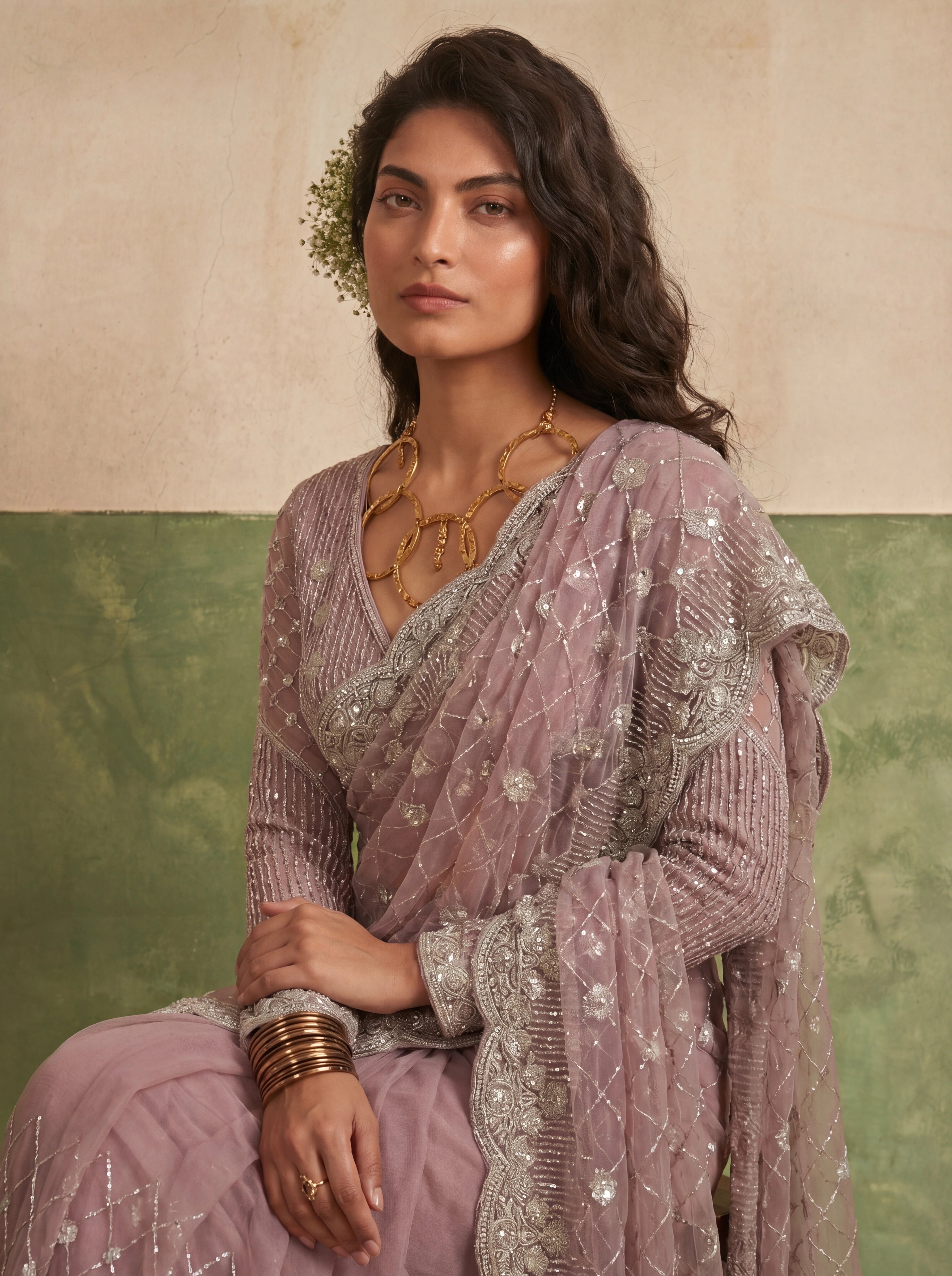 Designer Rose Mauve Saree with Fine Sequin Handwork Detailing