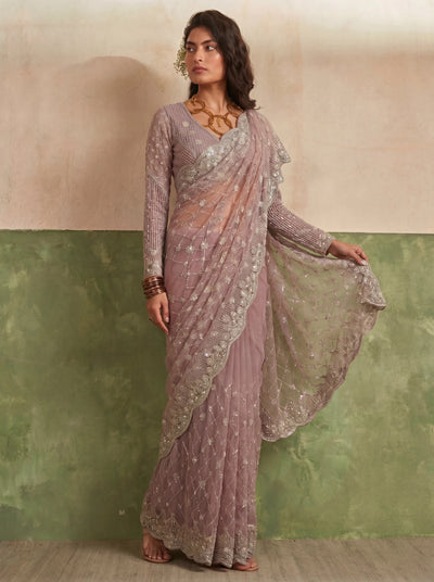 Designer Rose Mauve Saree with Fine Sequin Handwork Detailing - Zimonza