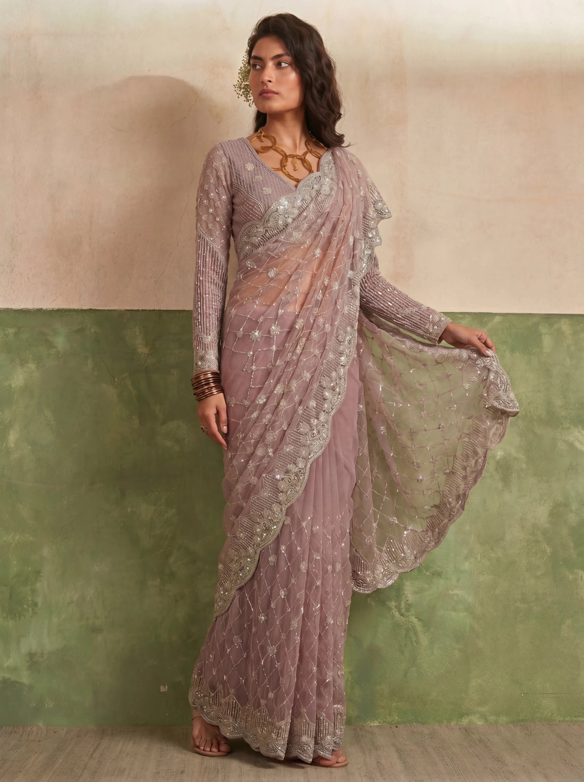 Designer Rose Mauve Saree with Fine Sequin Handwork Detailing - Zimonza