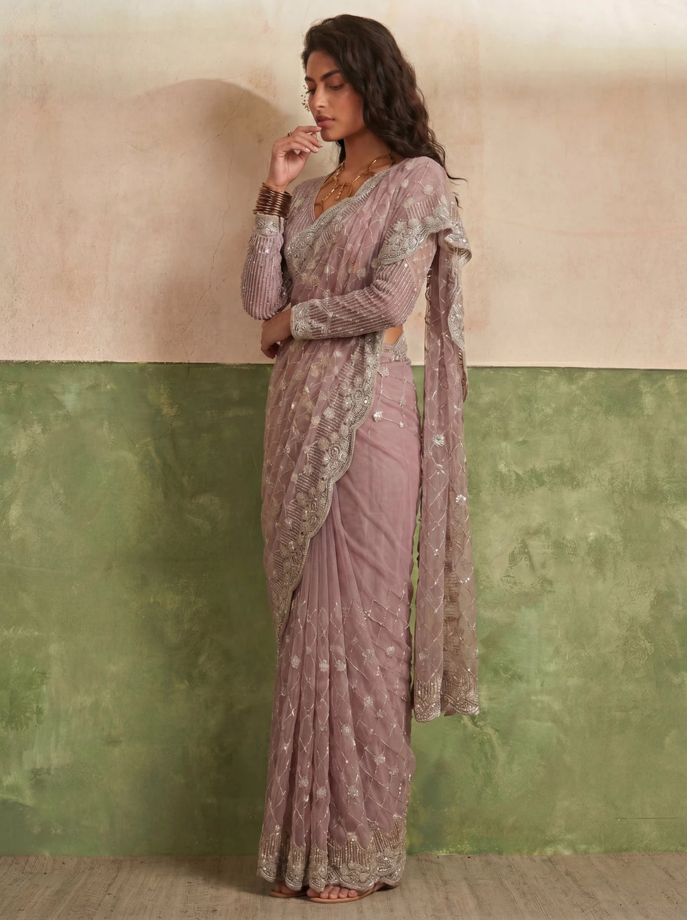 Designer Rose Mauve Saree with Fine Sequin Handwork Detailing - Zimonza