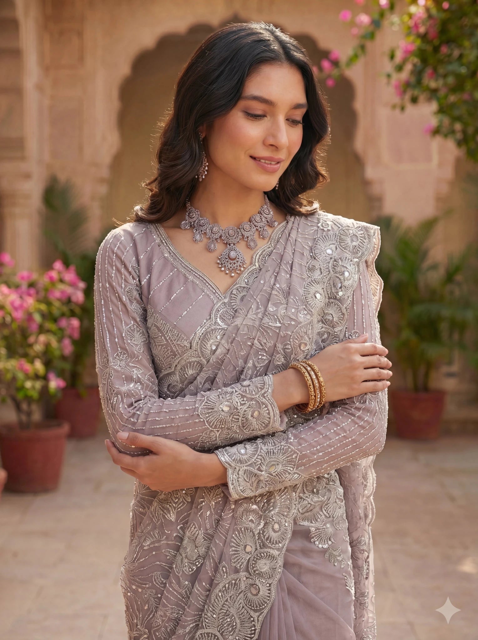 Premium Lavender Grey Net Saree with Heavy Thread & Sequin Embroidery Handwork - Zimonza