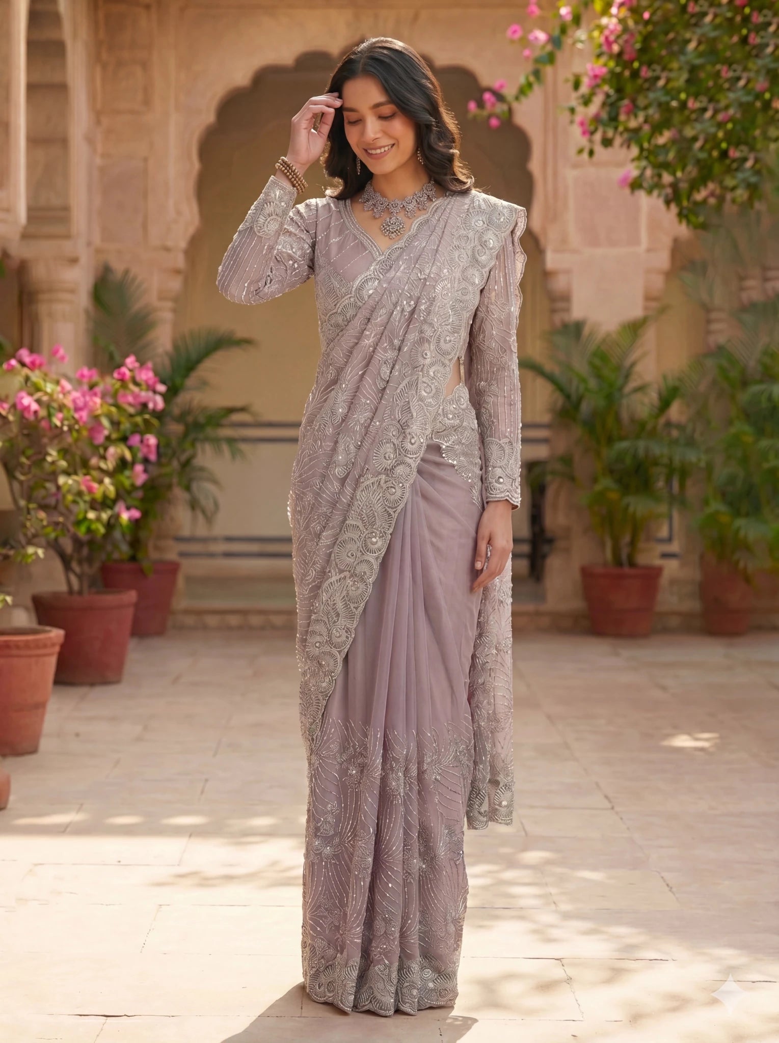 Premium Lavender Grey Net Saree with Heavy Thread & Sequin Embroidery Handwork - Zimonza