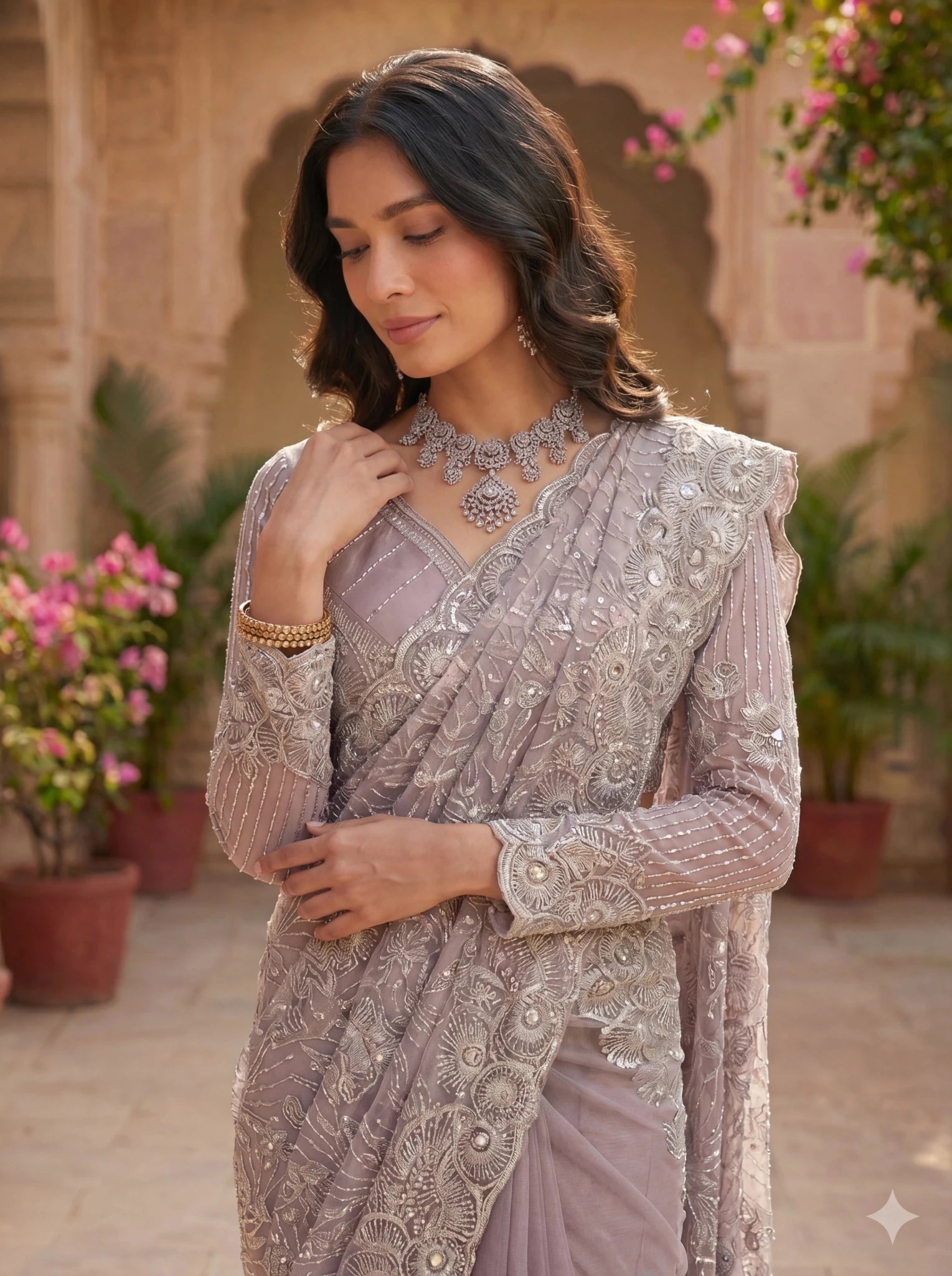 Premium Lavender Grey Net Saree with Heavy Thread & Sequin Embroidery Handwork - Zimonza