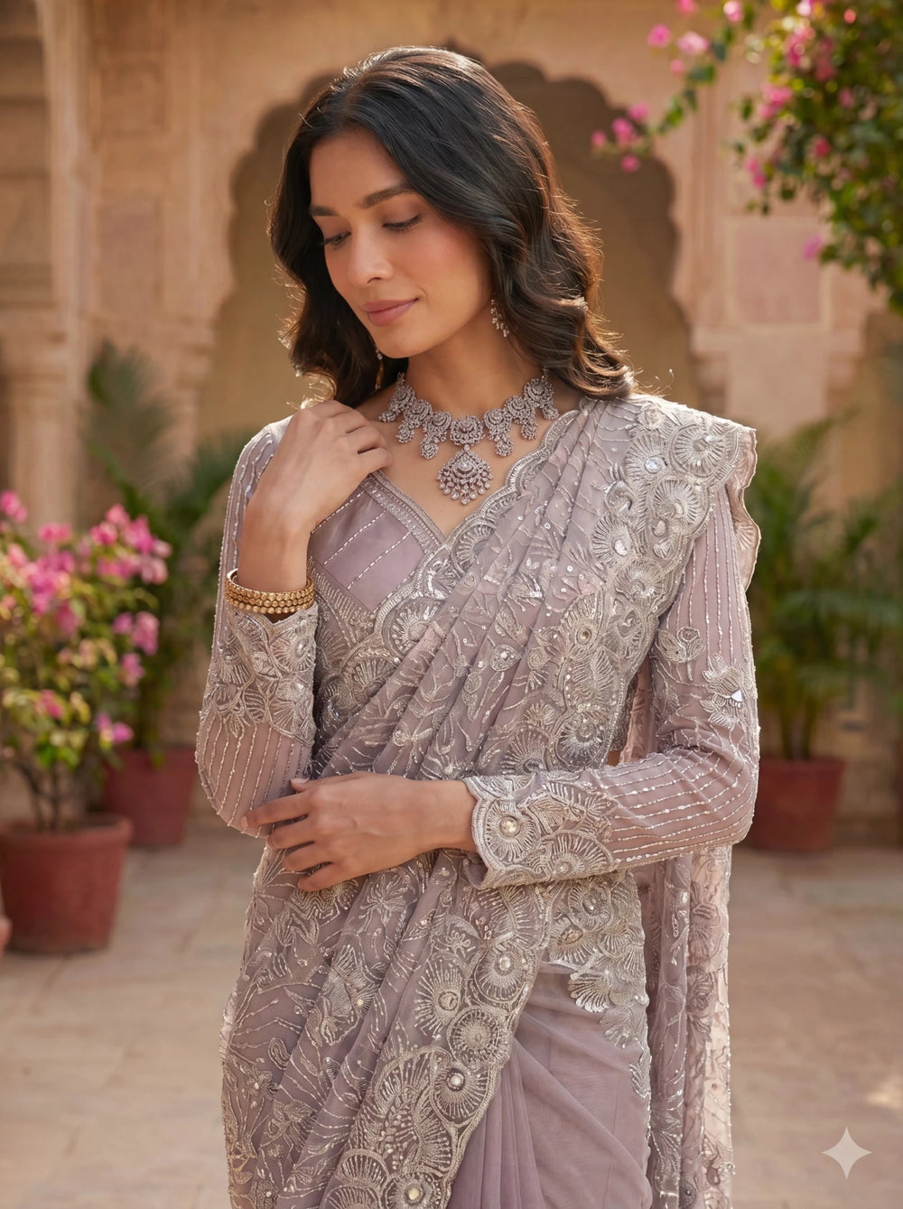 Premium Lavender Grey Net Saree with Heavy Thread & Sequin Embroidery Handwork - Zimonza
