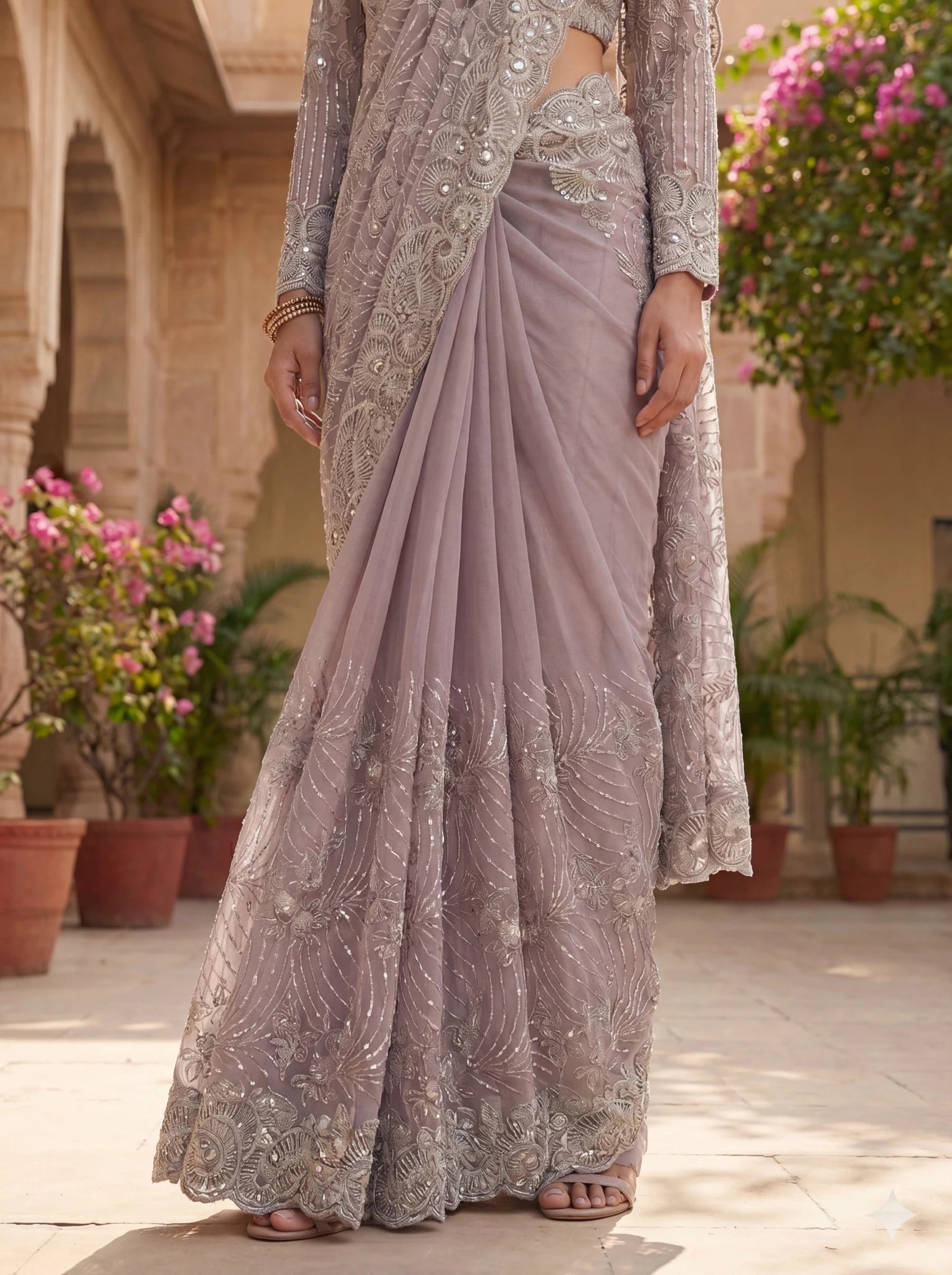 Premium Lavender Grey Net Saree with Heavy Thread & Sequin Embroidery Handwork - Zimonza