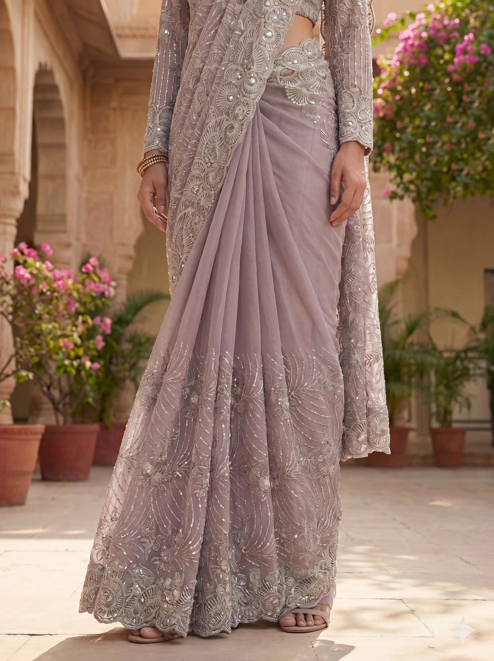 Premium Lavender Grey Net Saree with Heavy Thread & Sequin Embroidery Handwork - Zimonza