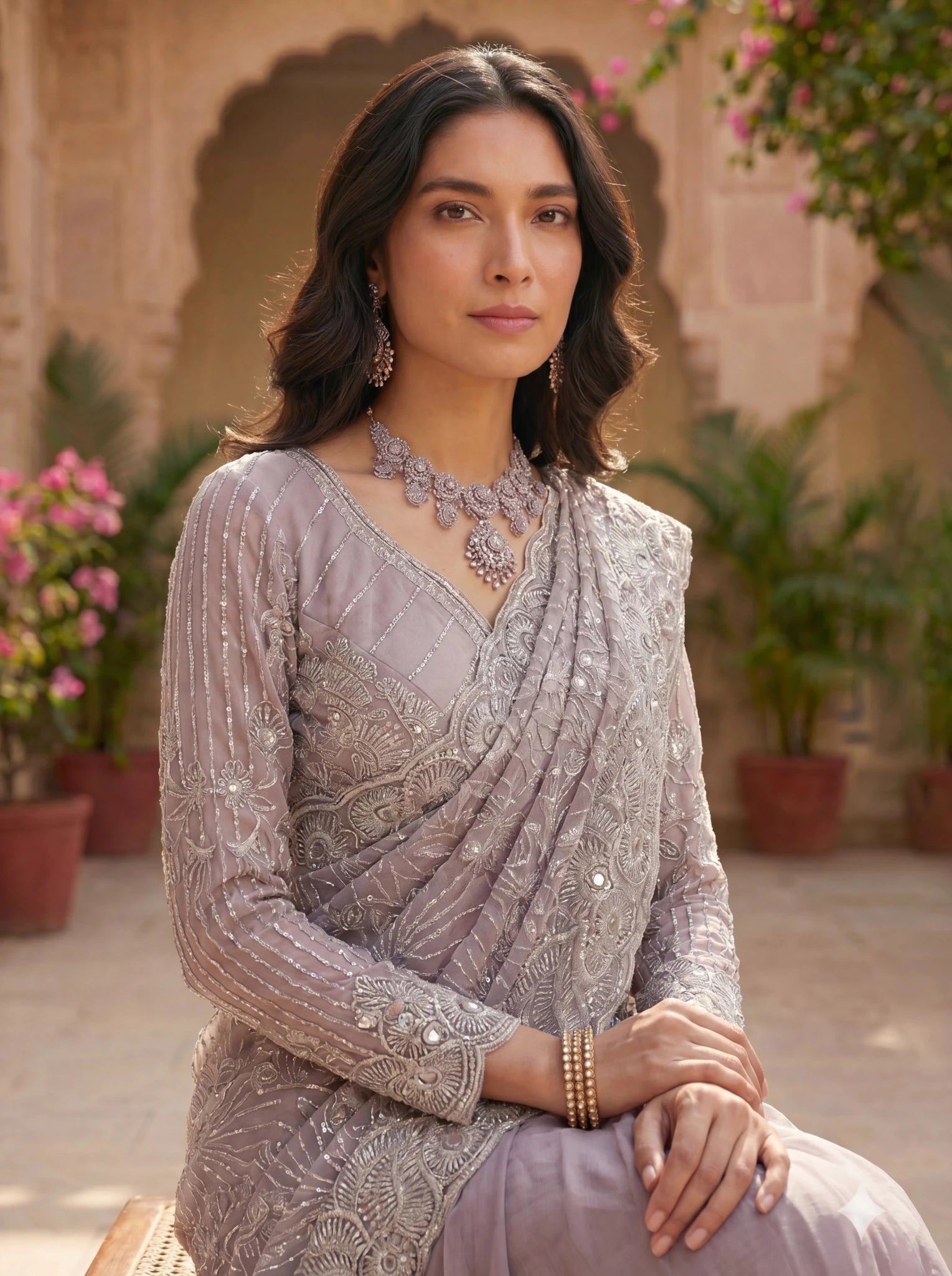 Premium Lavender Grey Net Saree with Heavy Thread & Sequin Embroidery Handwork - Zimonza