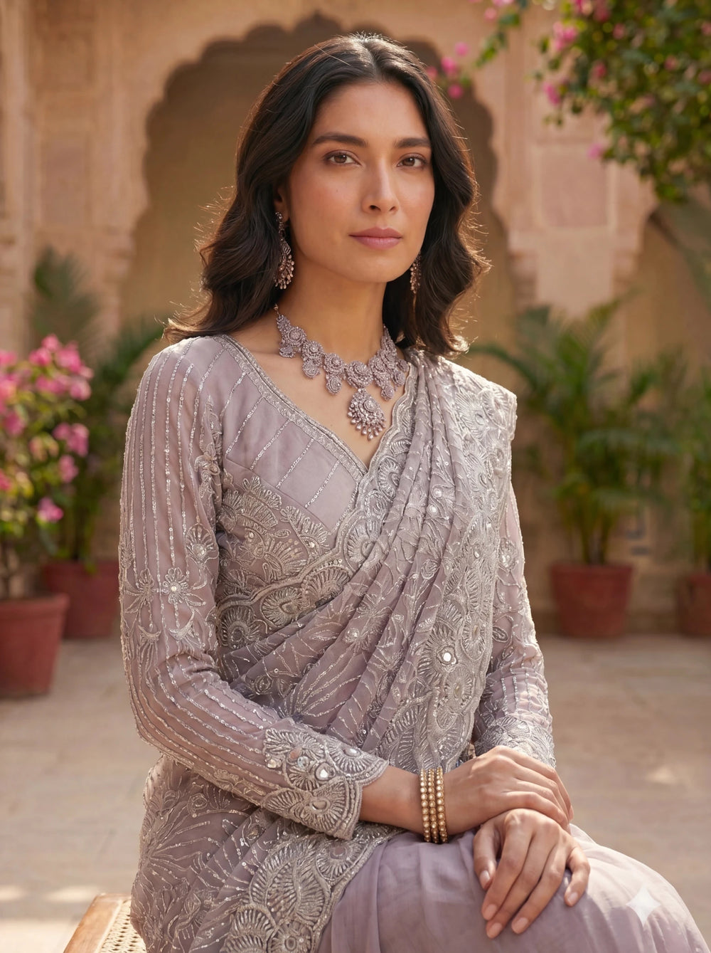 Premium Lavender Grey Net Saree with Heavy Thread & Sequin Embroidery Handwork - Zimonza