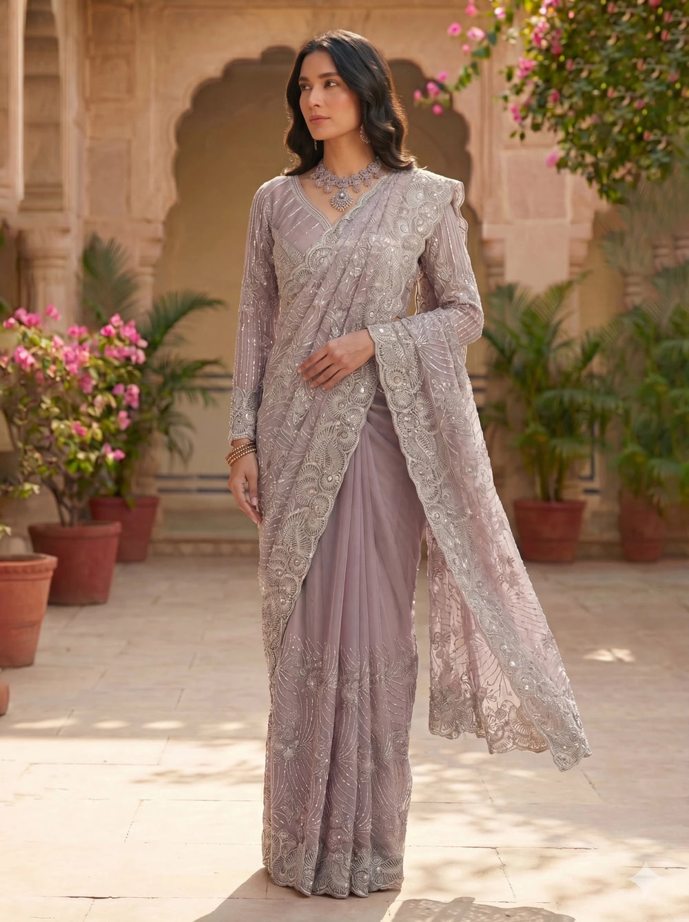 Premium Lavender Grey Net Saree with Heavy Thread & Sequin Embroidery Handwork - Zimonza
