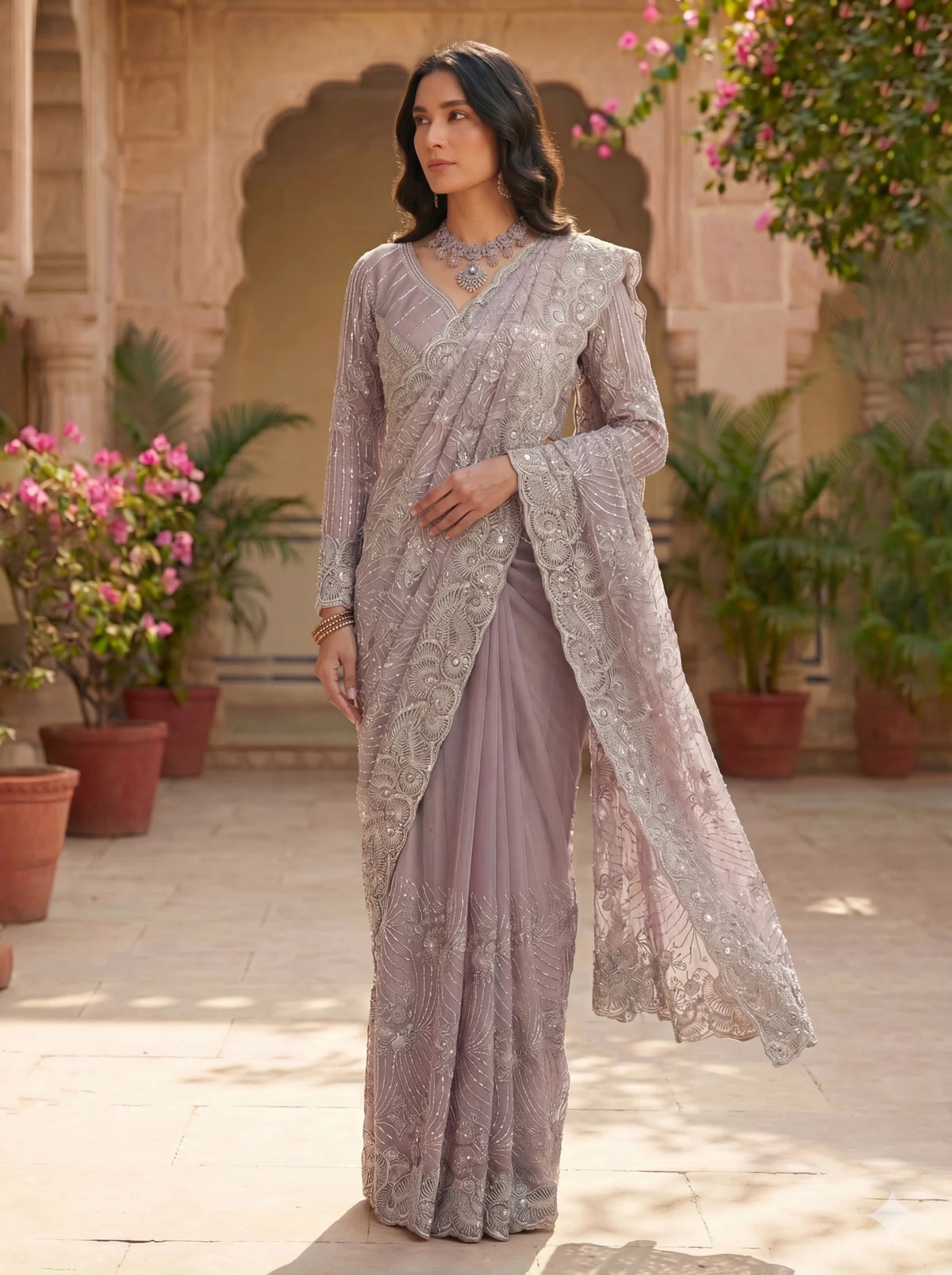Premium Lavender Grey Net Saree with Heavy Thread & Sequin Embroidery Handwork - Zimonza
