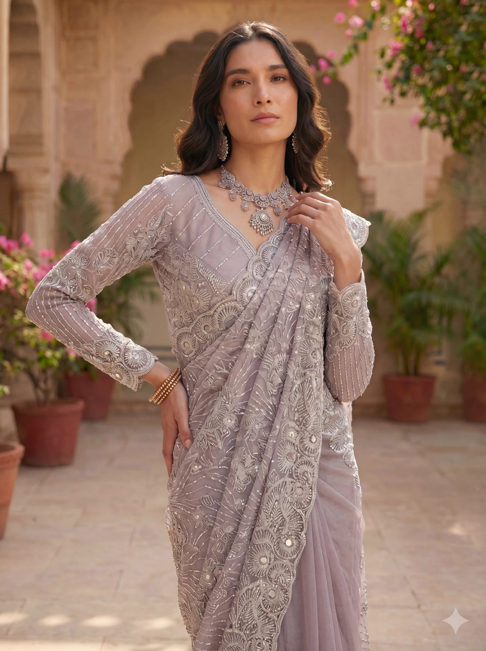 Premium Lavender Grey Net Saree with Heavy Thread & Sequin Embroidery Handwork - Zimonza