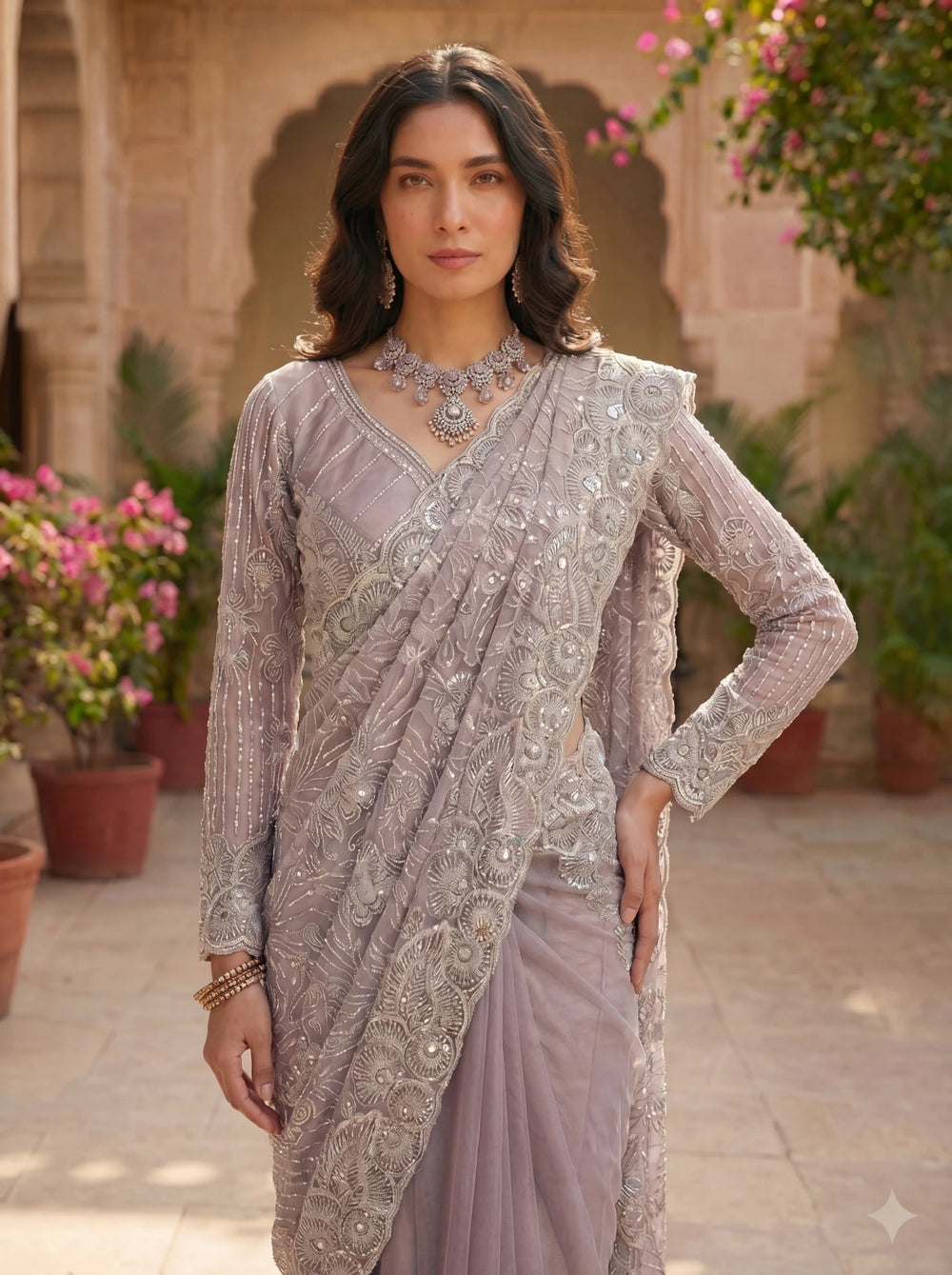 Premium Lavender Grey Net Saree with Heavy Thread & Sequin Embroidery Handwork - Zimonza