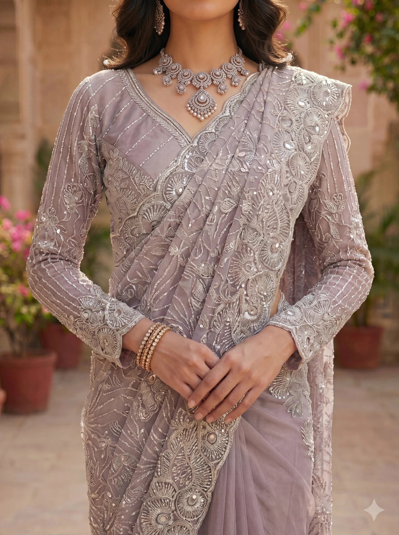 Premium Lavender Grey Net Saree with Heavy Thread & Sequin Embroidery Handwork - Zimonza