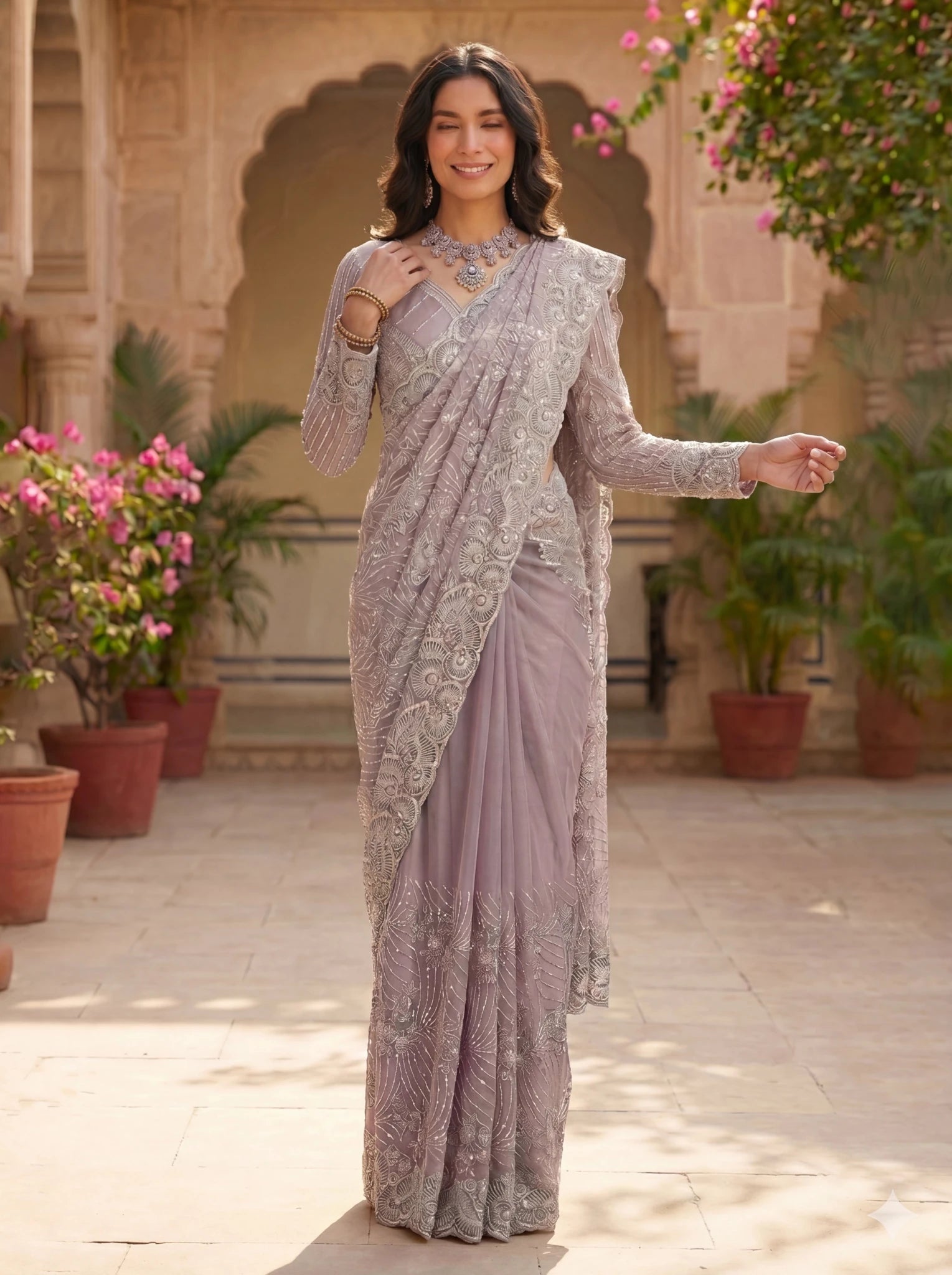 Premium Lavender Grey Net Saree with Heavy Thread & Sequin Embroidery Handwork - Zimonza