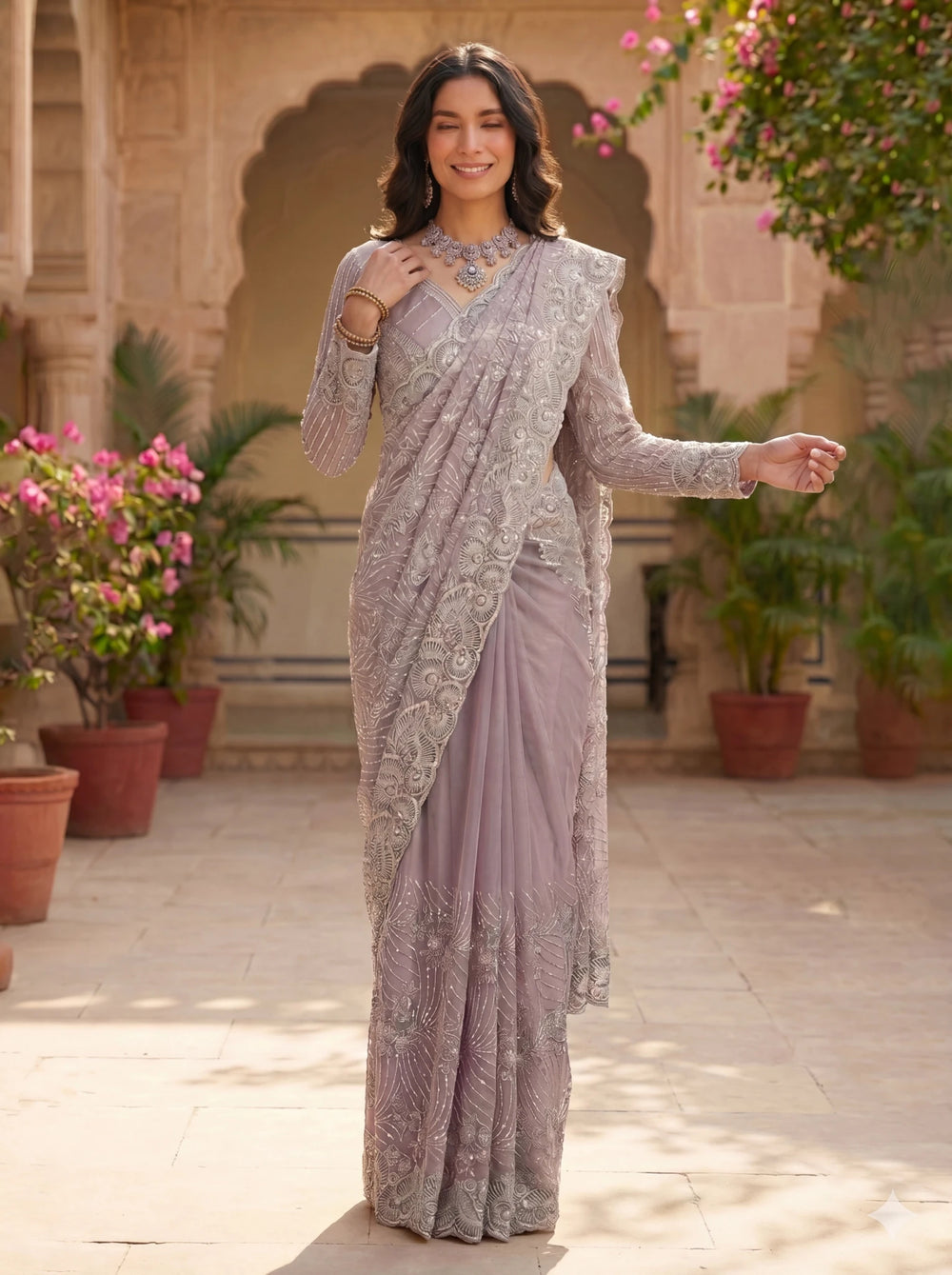Premium Lavender Grey Net Saree with Heavy Thread & Sequin Embroidery Handwork - Zimonza