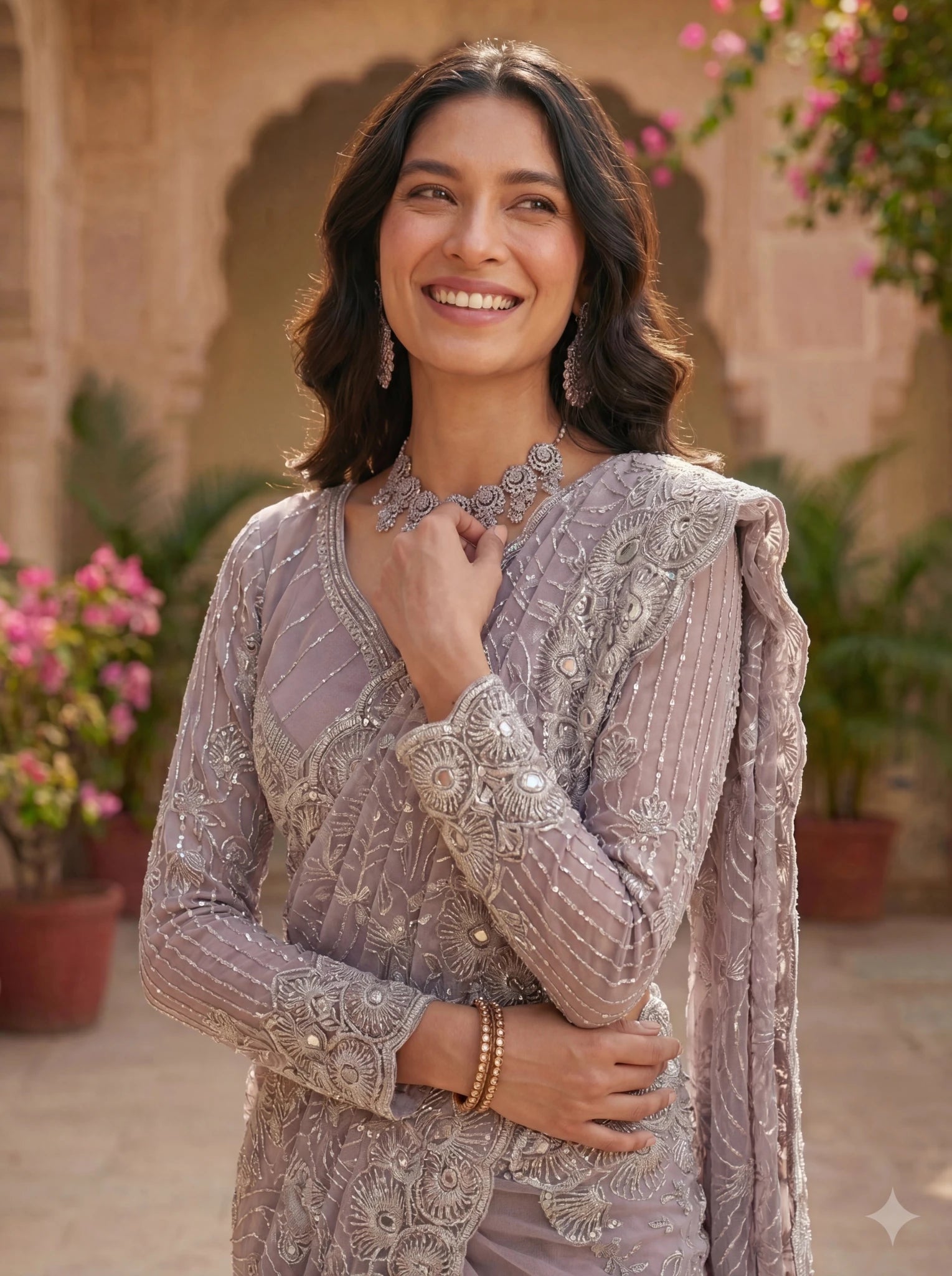 Premium Lavender Grey Net Saree with Heavy Thread & Sequin Embroidery Handwork - Zimonza