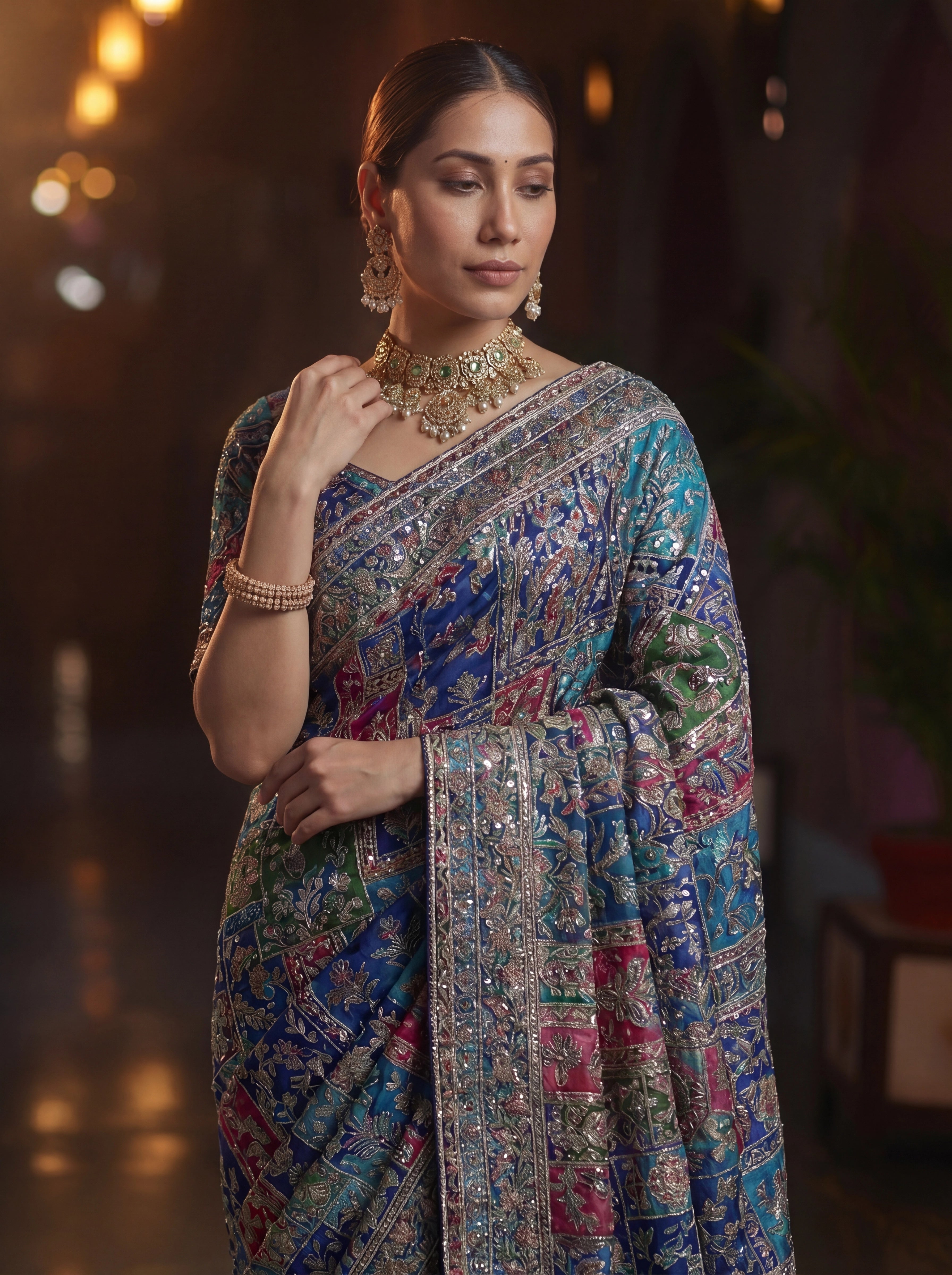 Elegant Navy Blue Designer Saree With Traditional Aari Digital Print Work