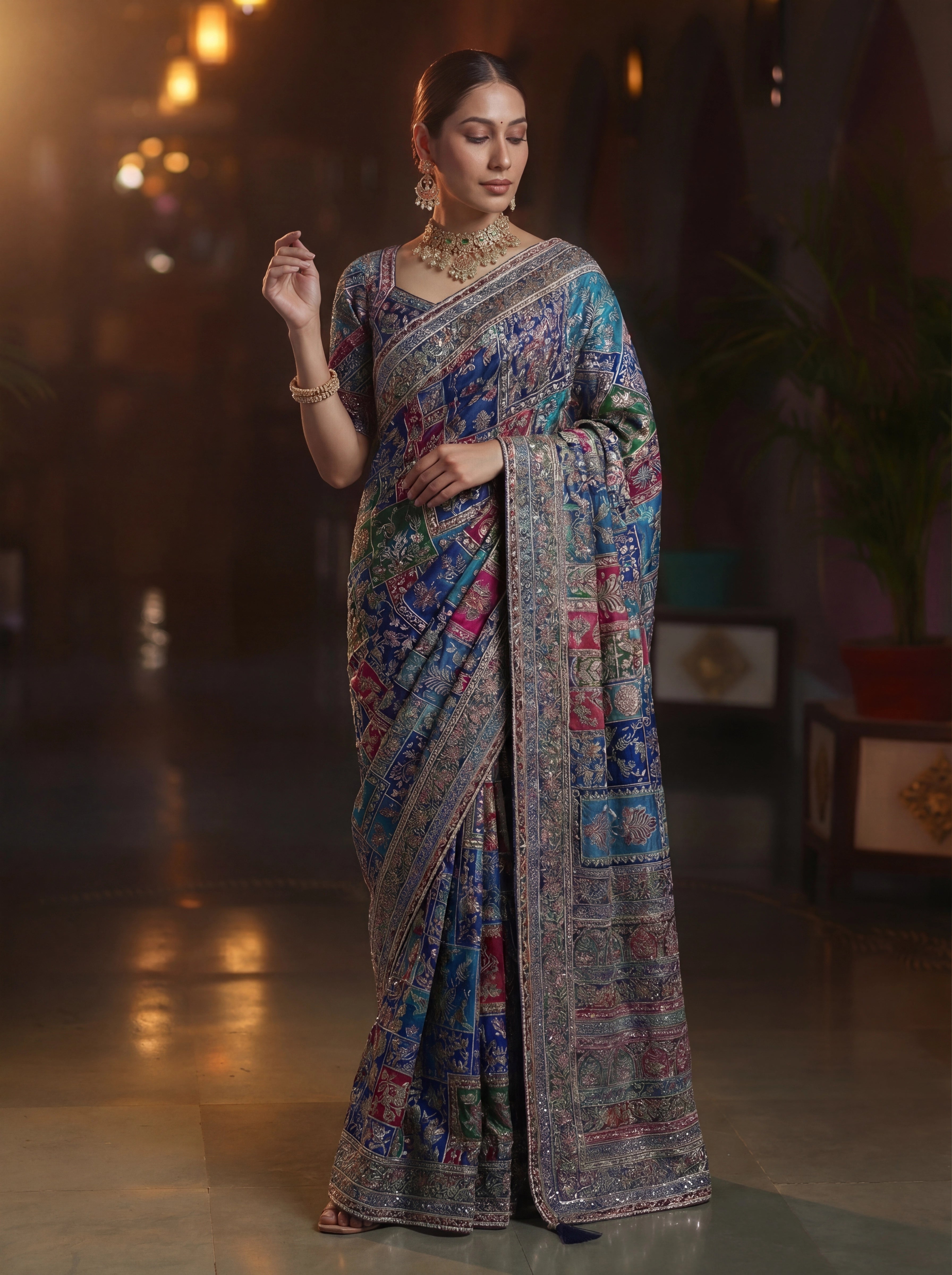 Elegant Navy Blue Designer Saree With Traditional Aari Digital Print Work