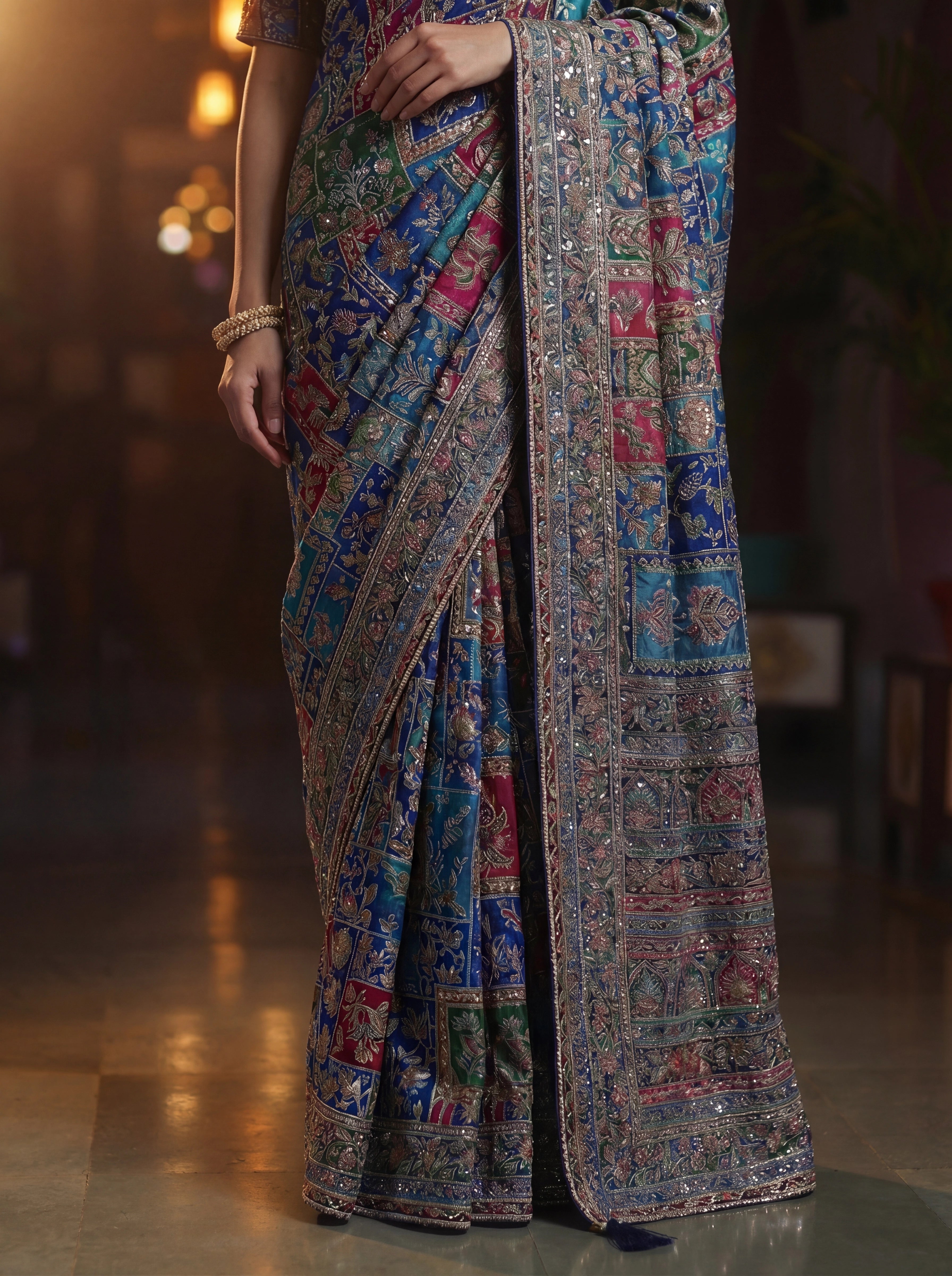 Elegant Navy Blue Designer Saree With Traditional Aari Digital Print Work