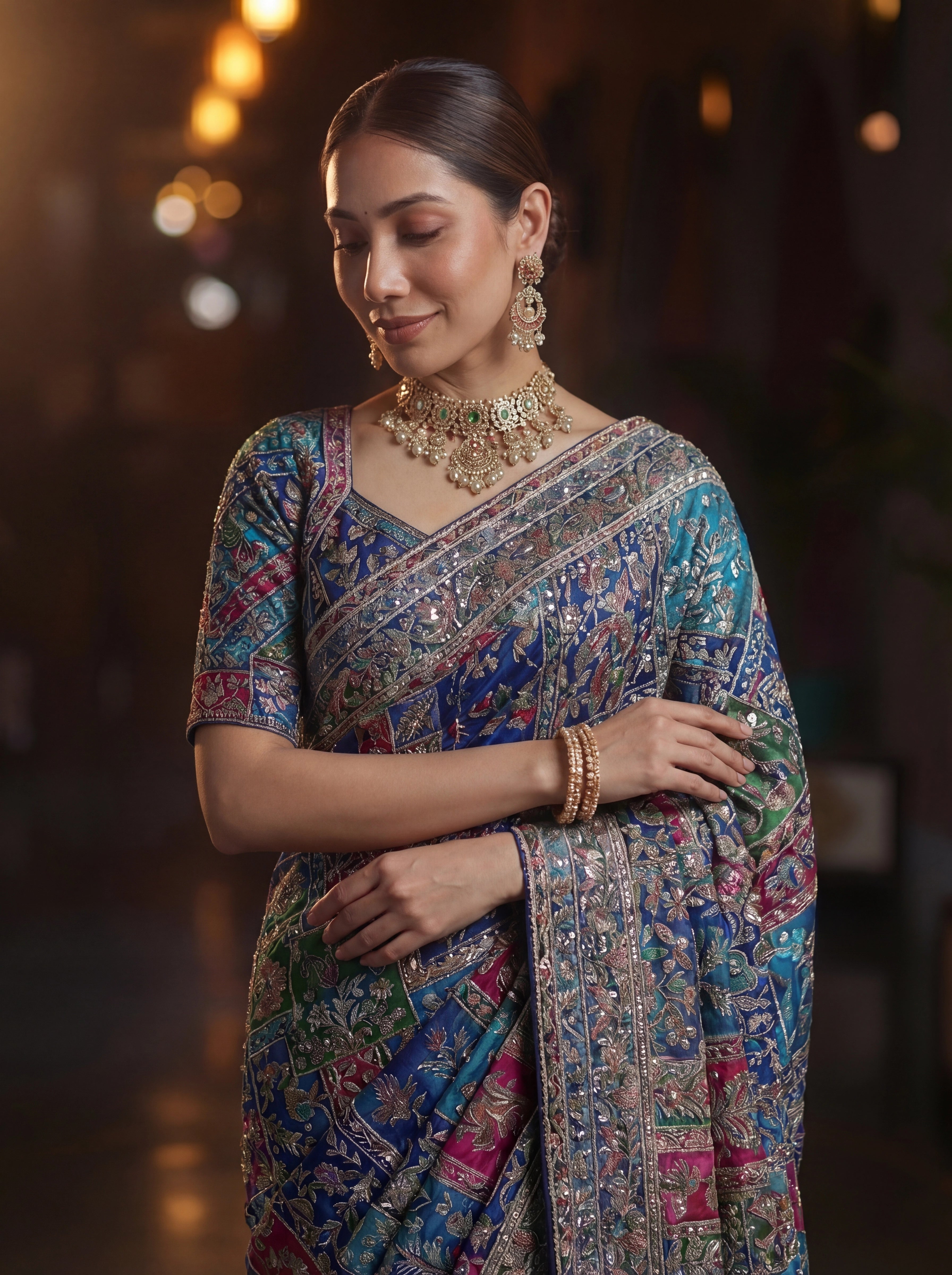 Elegant Navy Blue Designer Saree With Traditional Aari Digital Print Work