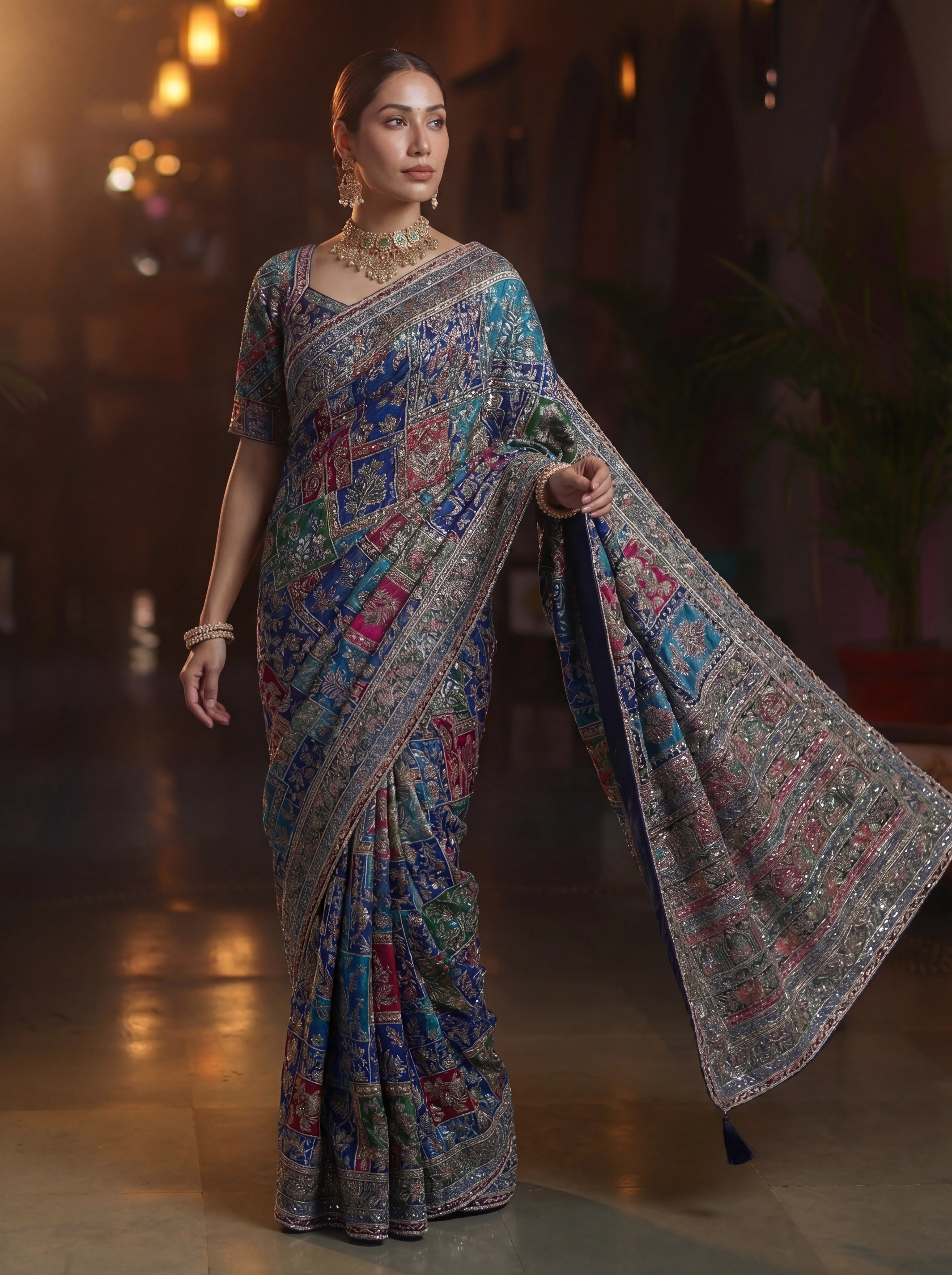 Elegant Navy Blue Designer Saree With Traditional Aari Digital Print Work
