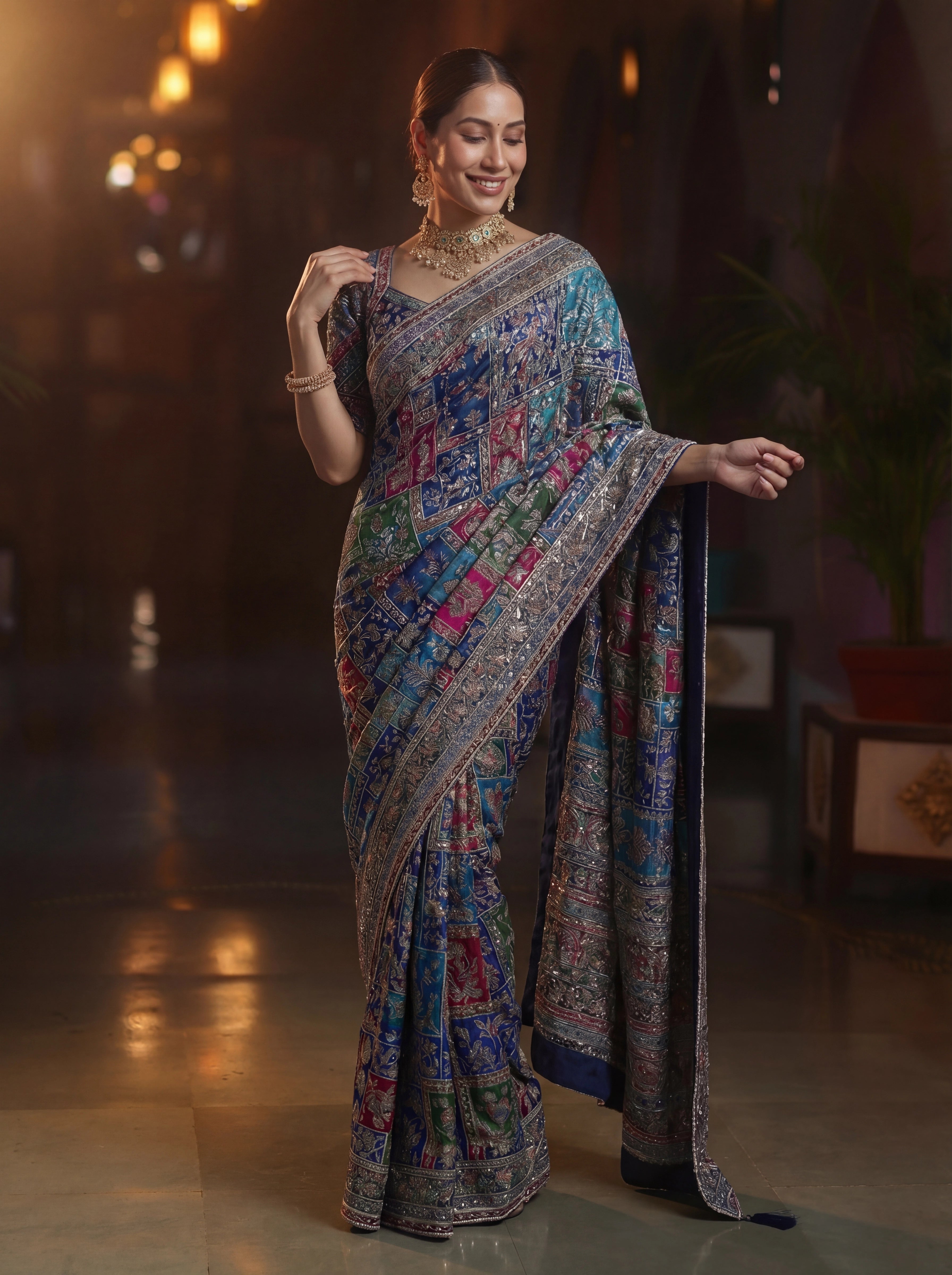 Elegant Navy Blue Designer Saree With Traditional Aari Digital Print Work