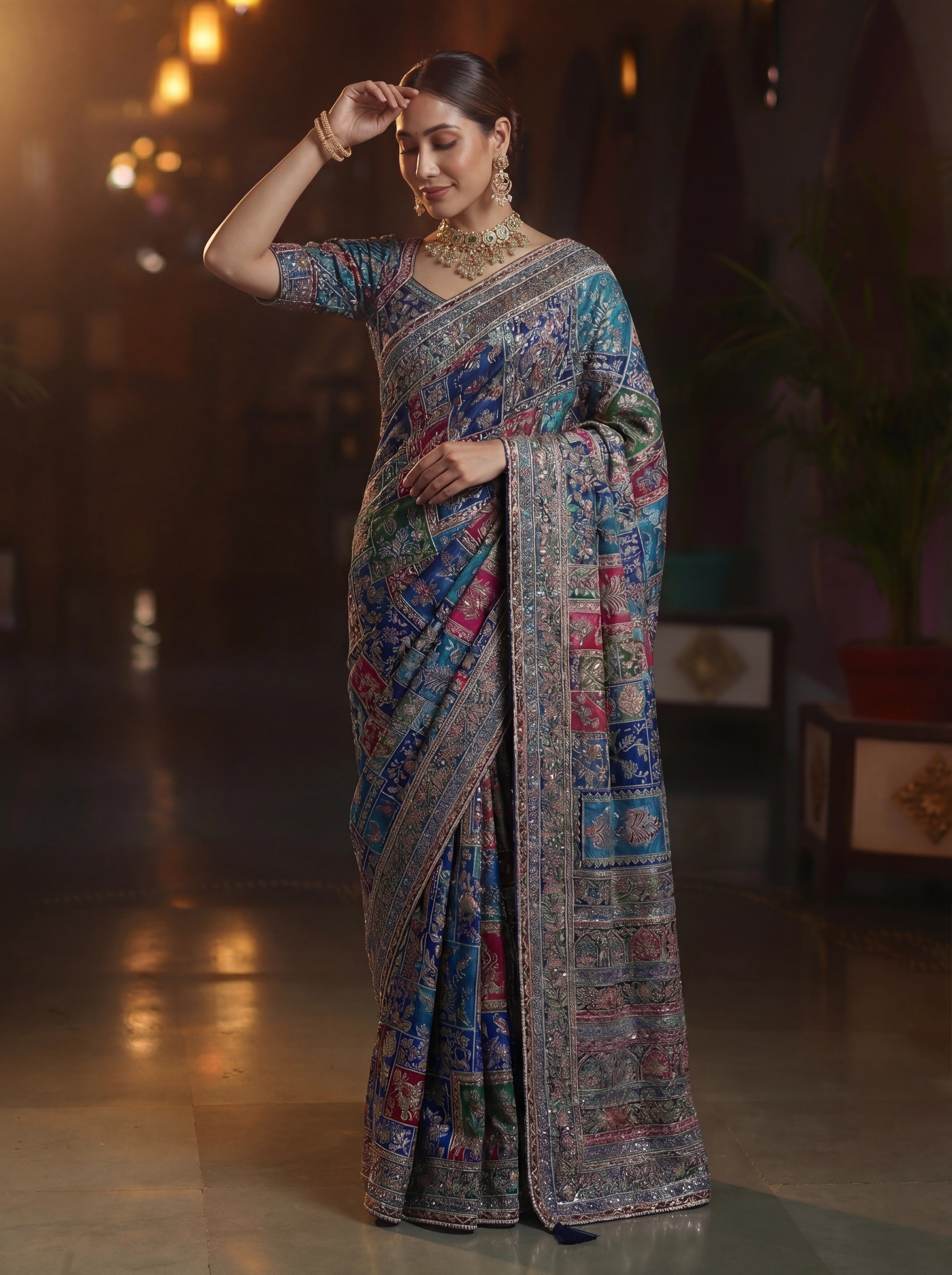 Elegant Navy Blue Designer Saree With Traditional Aari Digital Print Work
