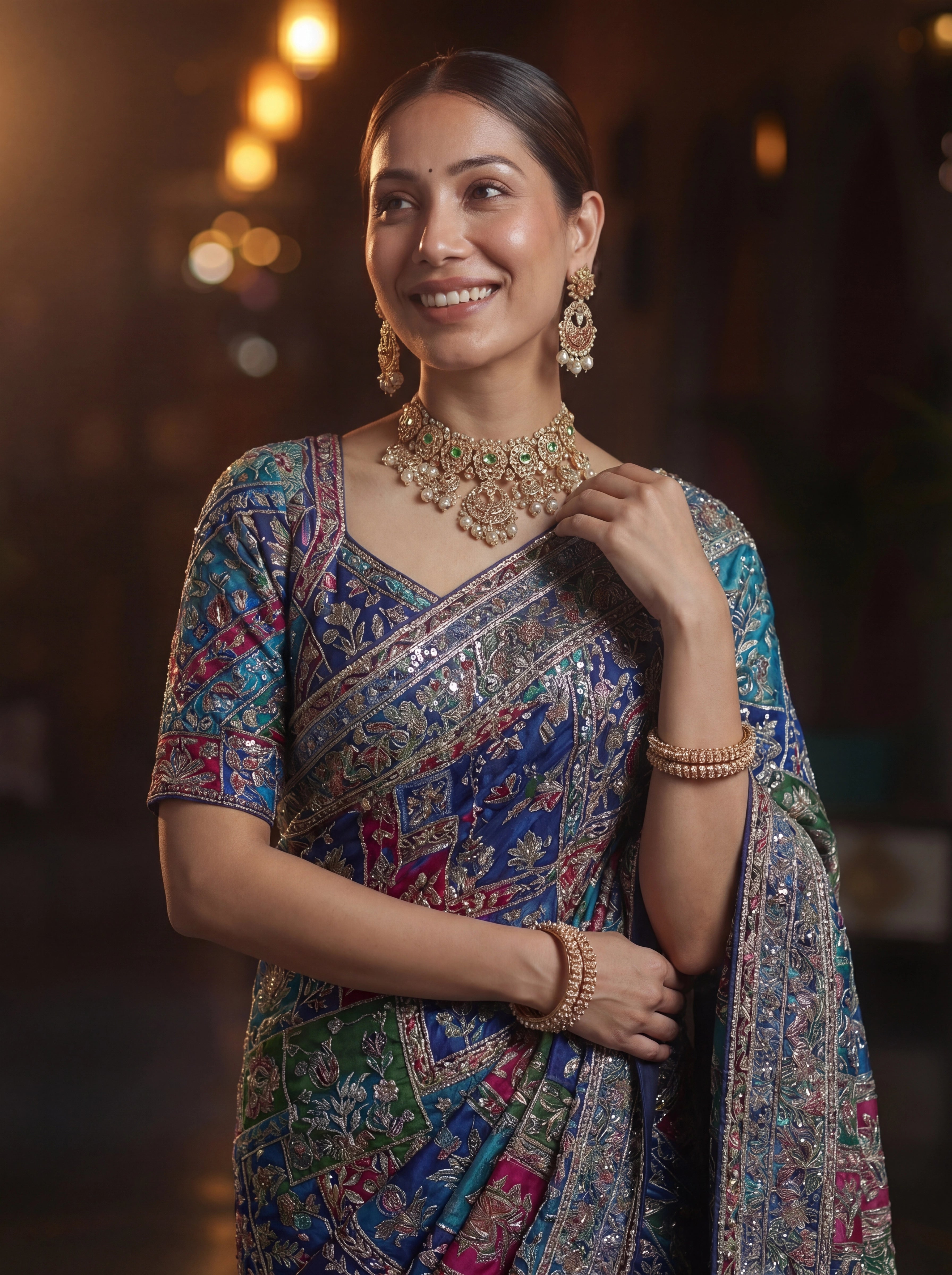Elegant Navy Blue Designer Saree With Traditional Aari Digital Print Work