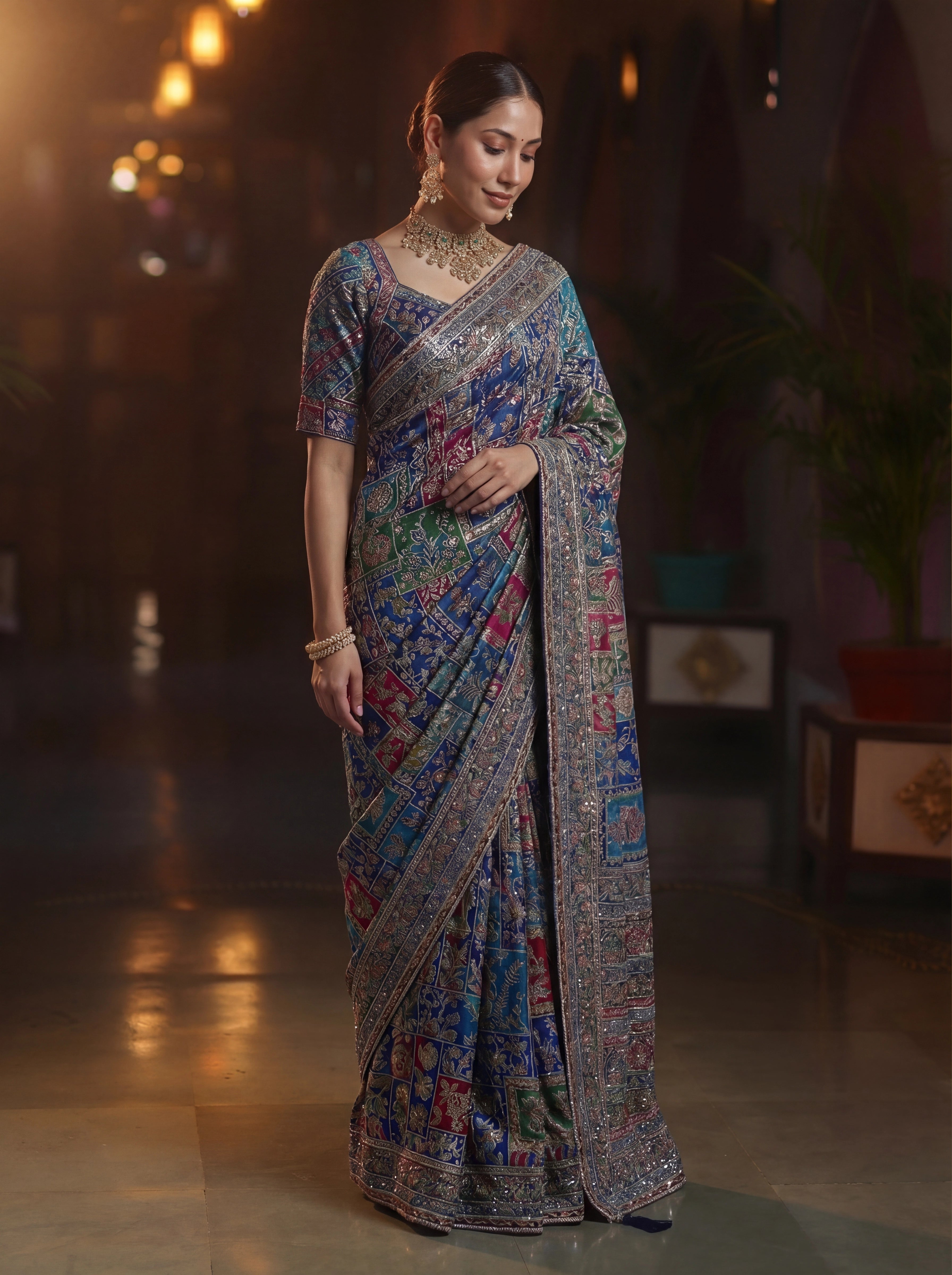 Elegant Navy Blue Designer Saree With Traditional Aari Digital Print Work