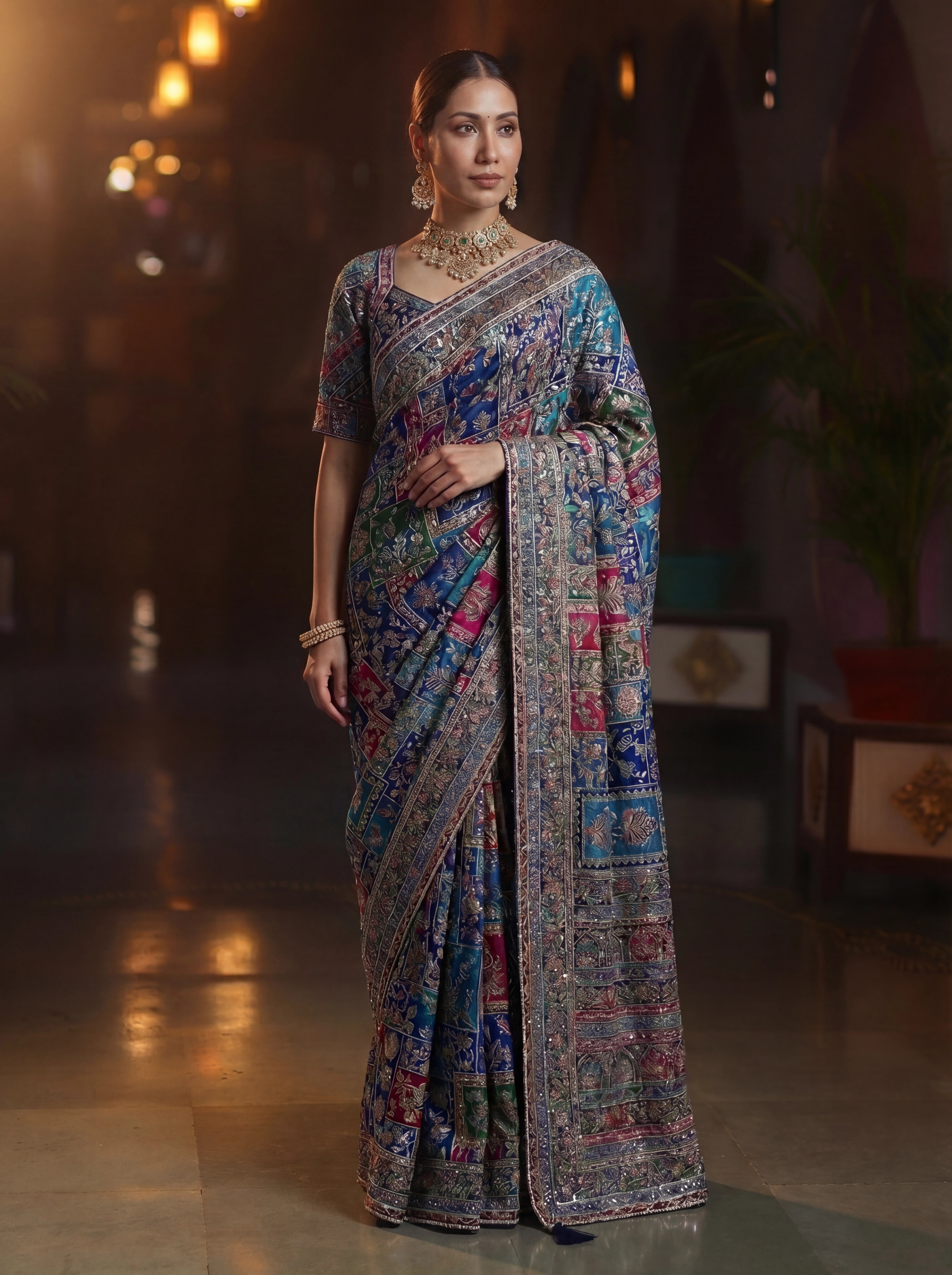 Elegant Navy Blue Designer Saree With Traditional Aari Digital Print Work