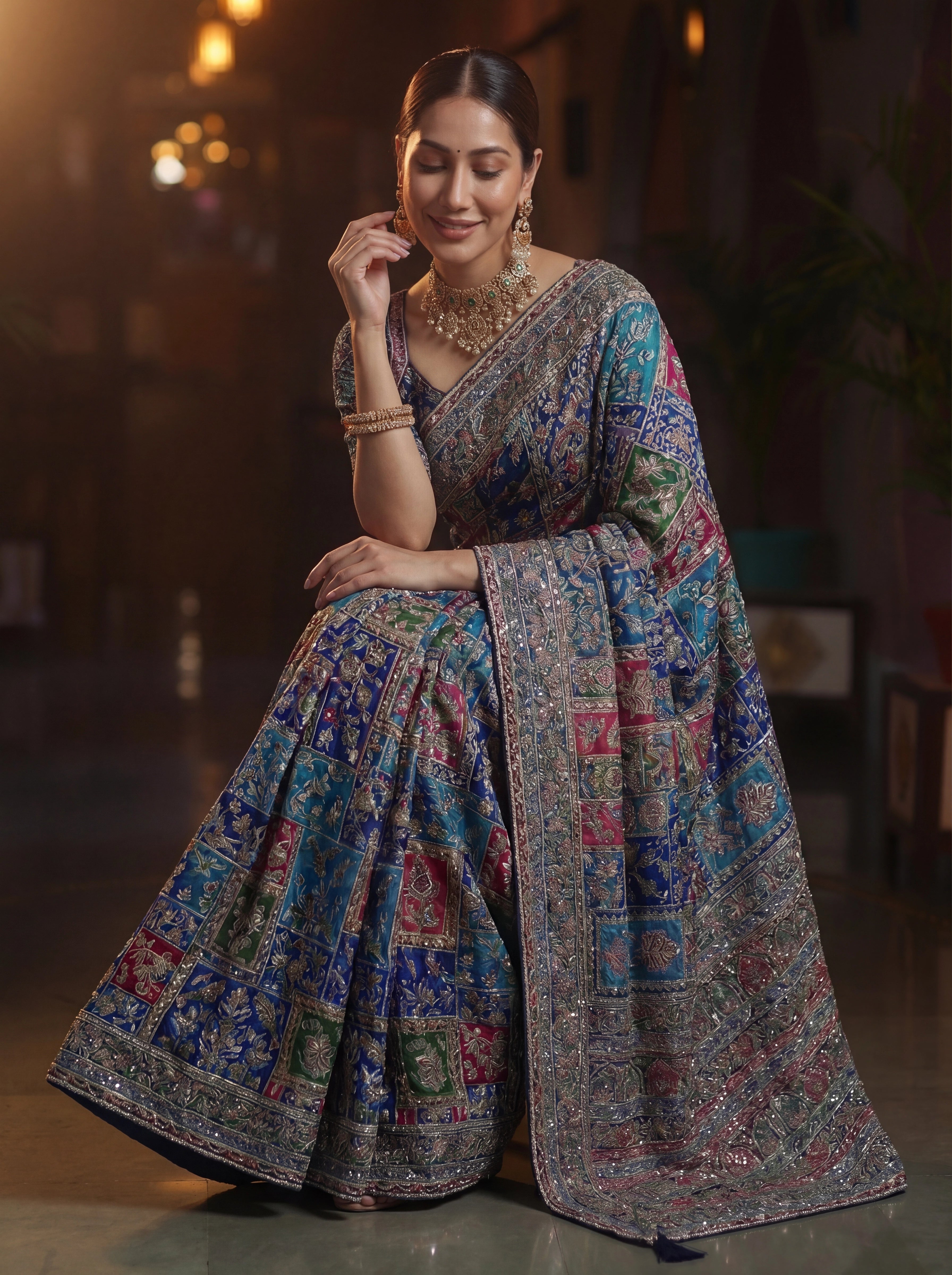 Elegant Navy Blue Designer Saree With Traditional Aari Digital Print Work