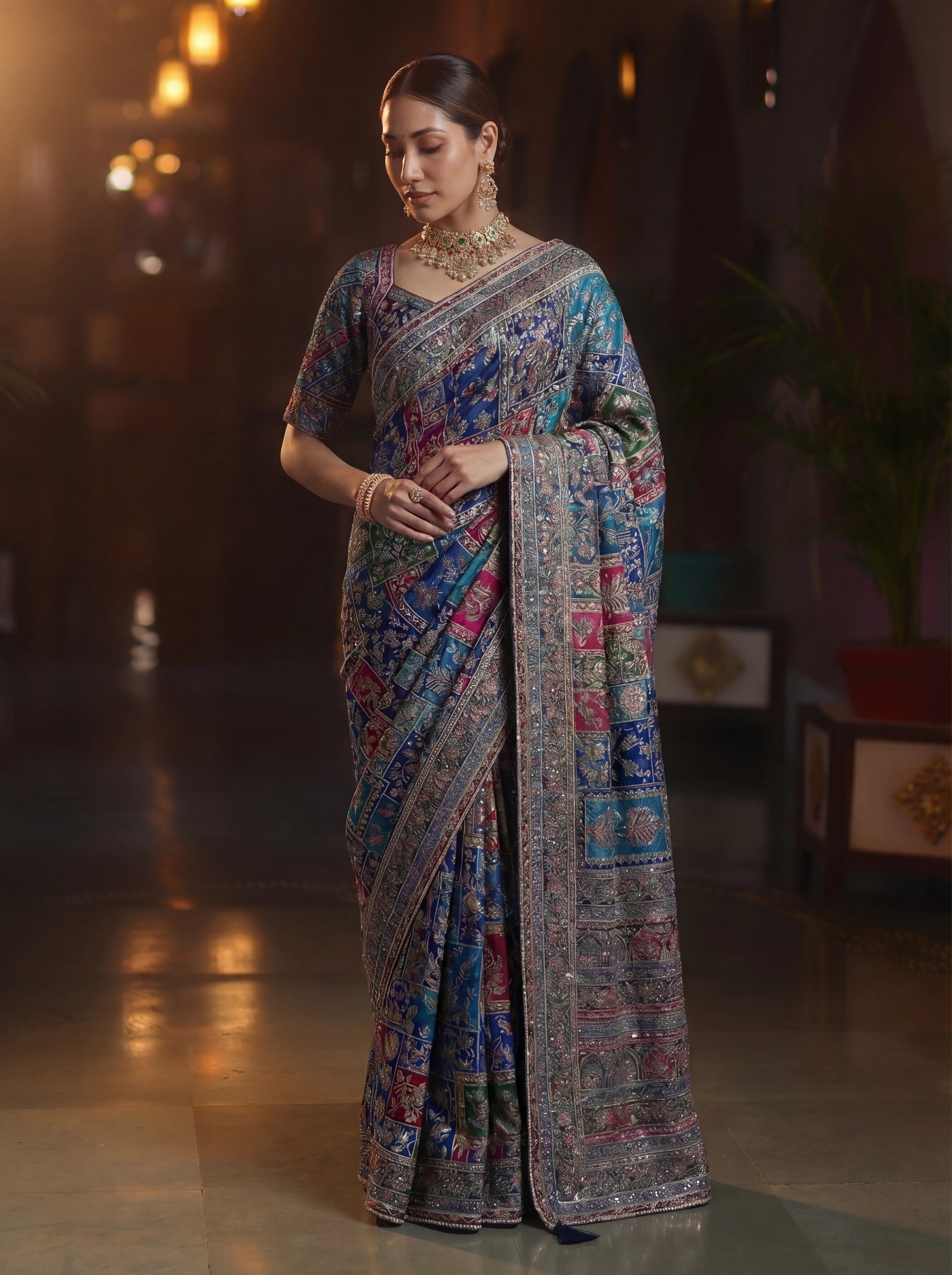 Elegant Navy Blue Designer Saree With Traditional Aari Digital Print Work