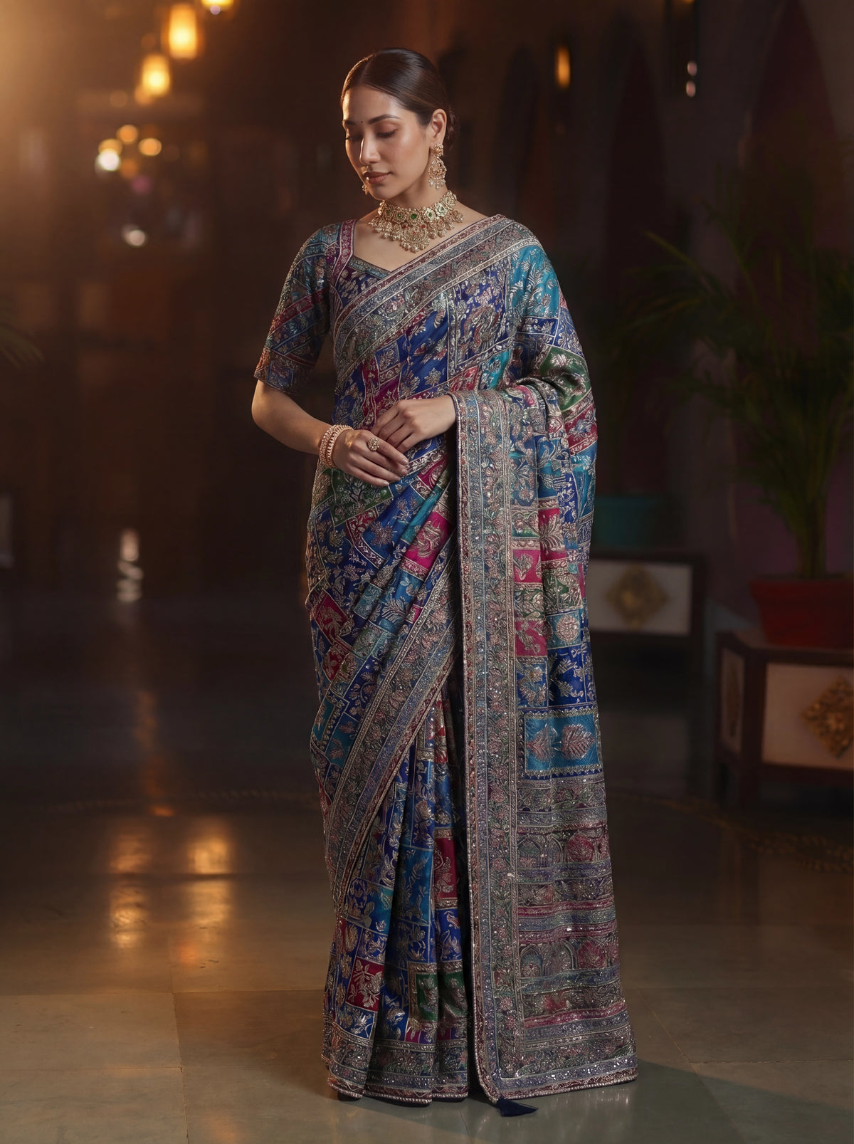 Elegant Navy Blue Designer Saree With Traditional Aari Digital Print Work