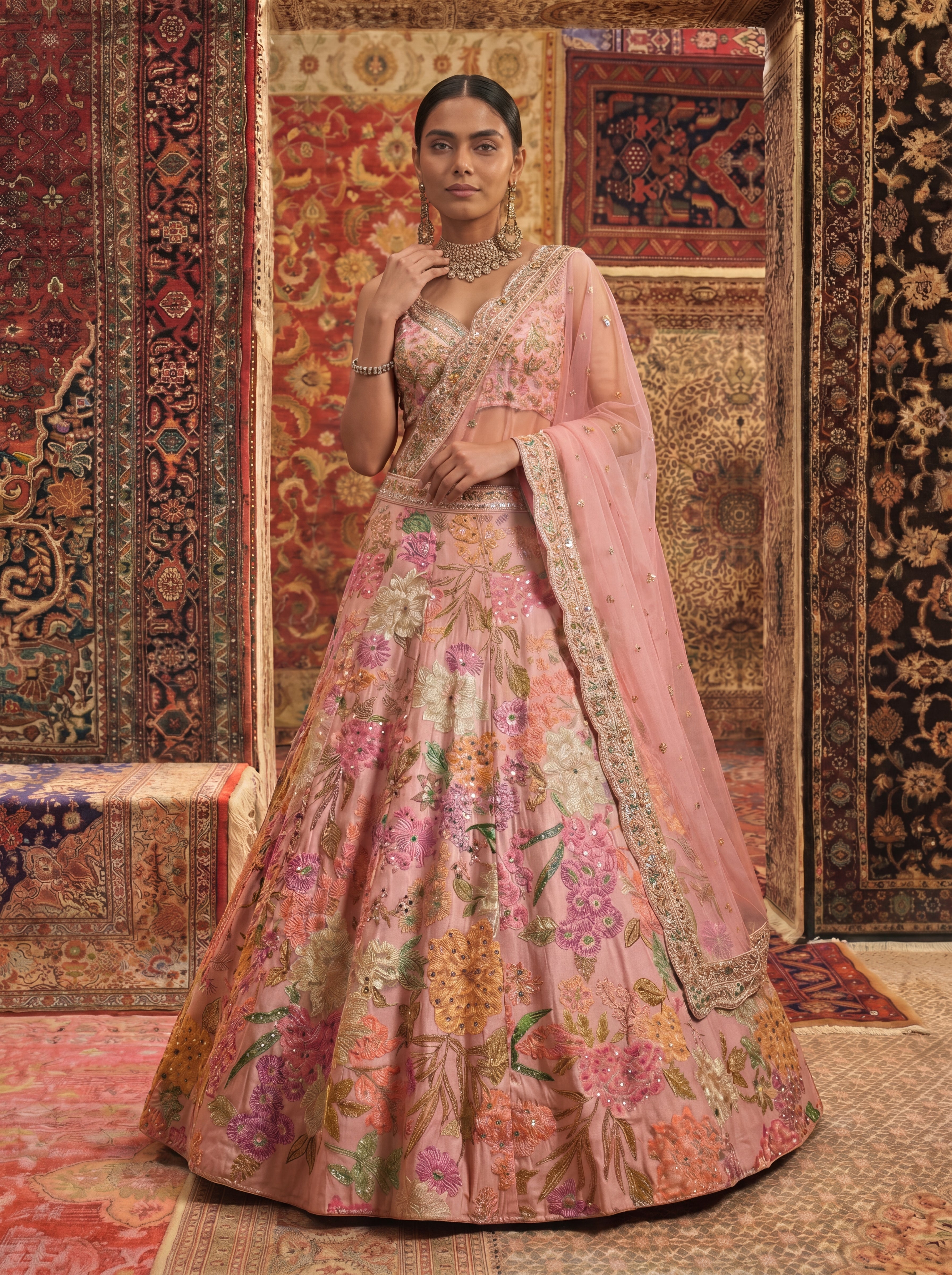 Blush Pink Viscose Sequins Mirror Bridal Lehenga Choli Set