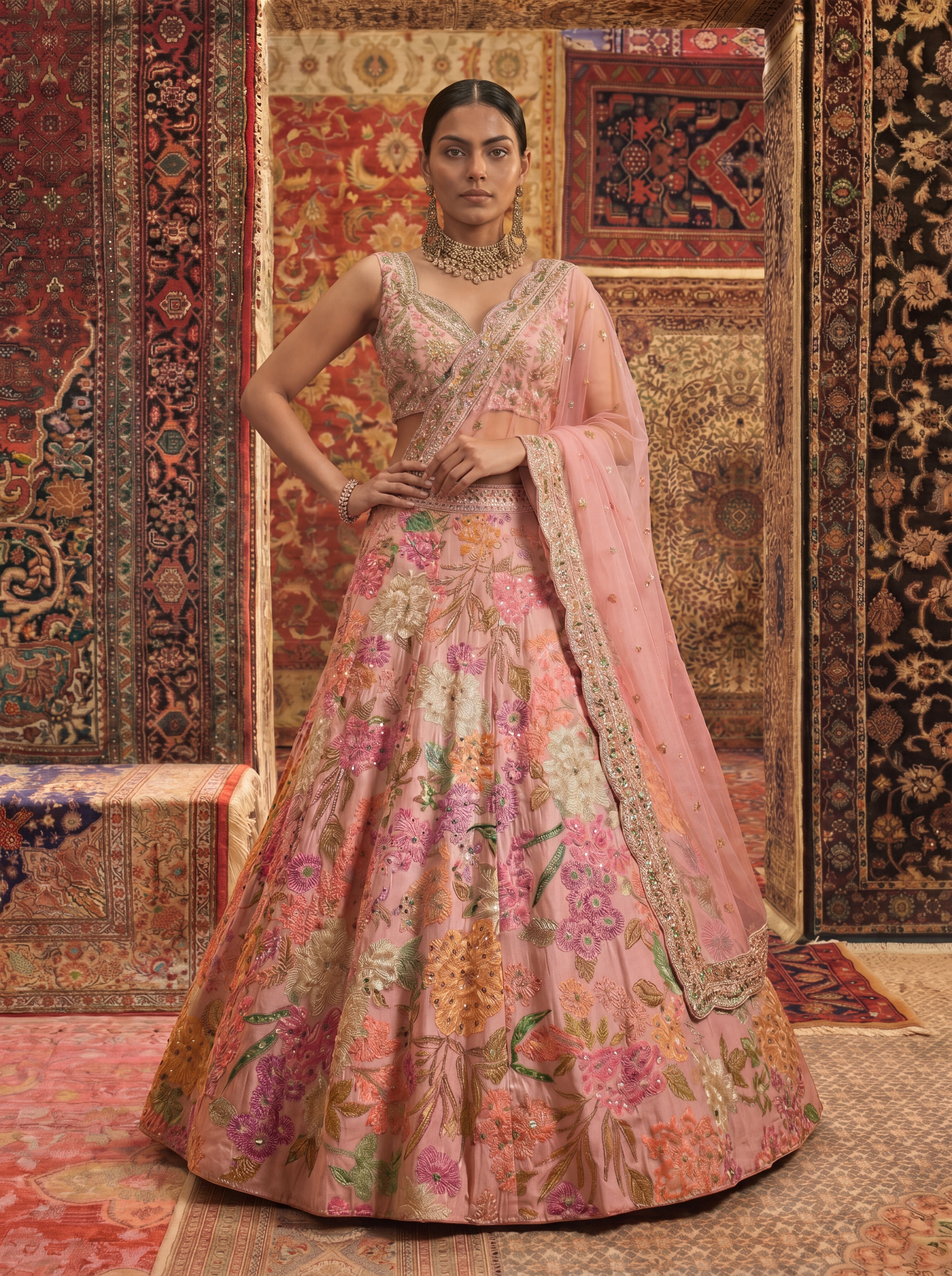 Blush Pink Viscose Sequins Mirror Bridal Lehenga Choli Set