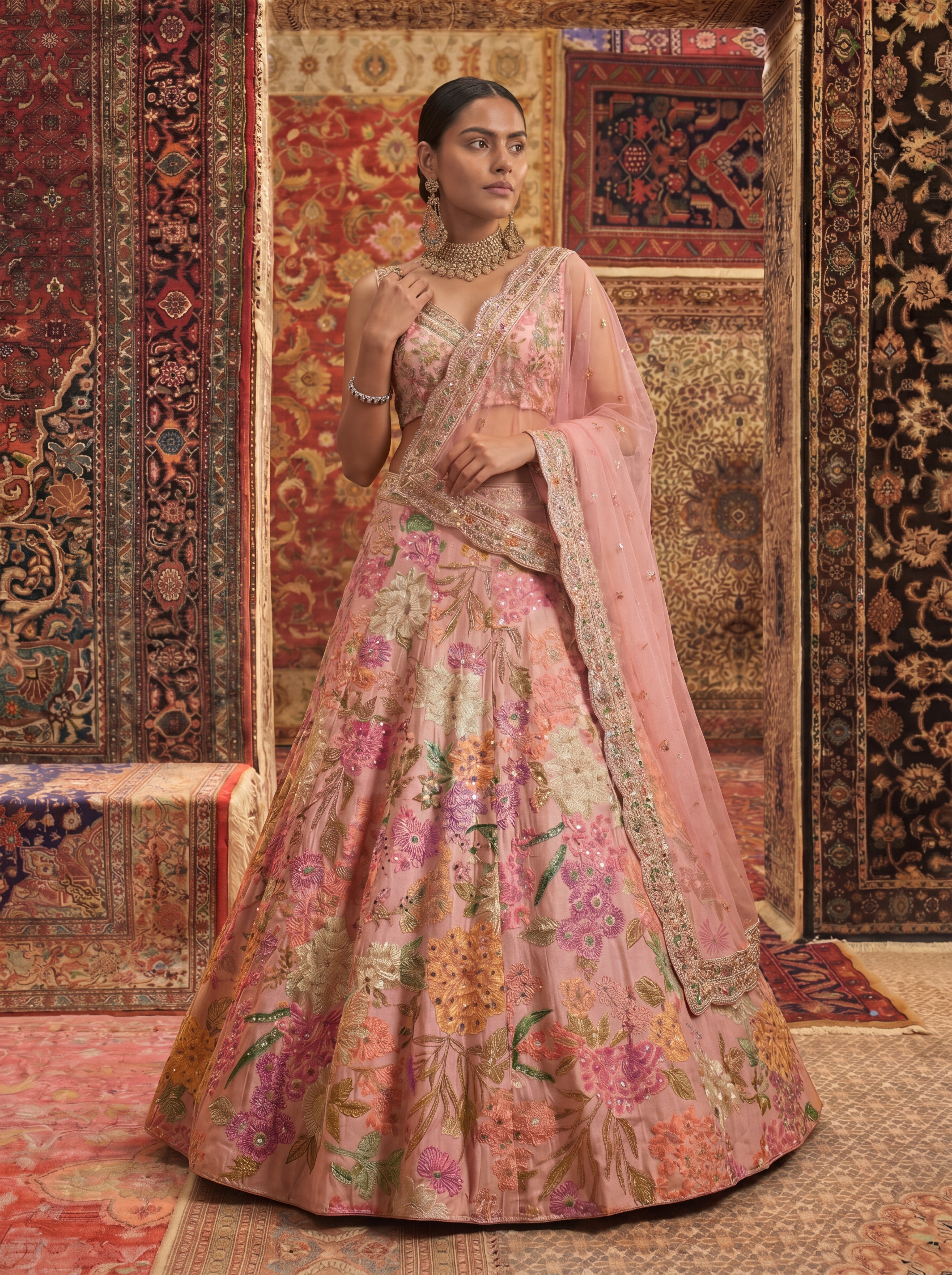 Blush Pink Viscose Sequins Mirror Bridal Lehenga Choli Set