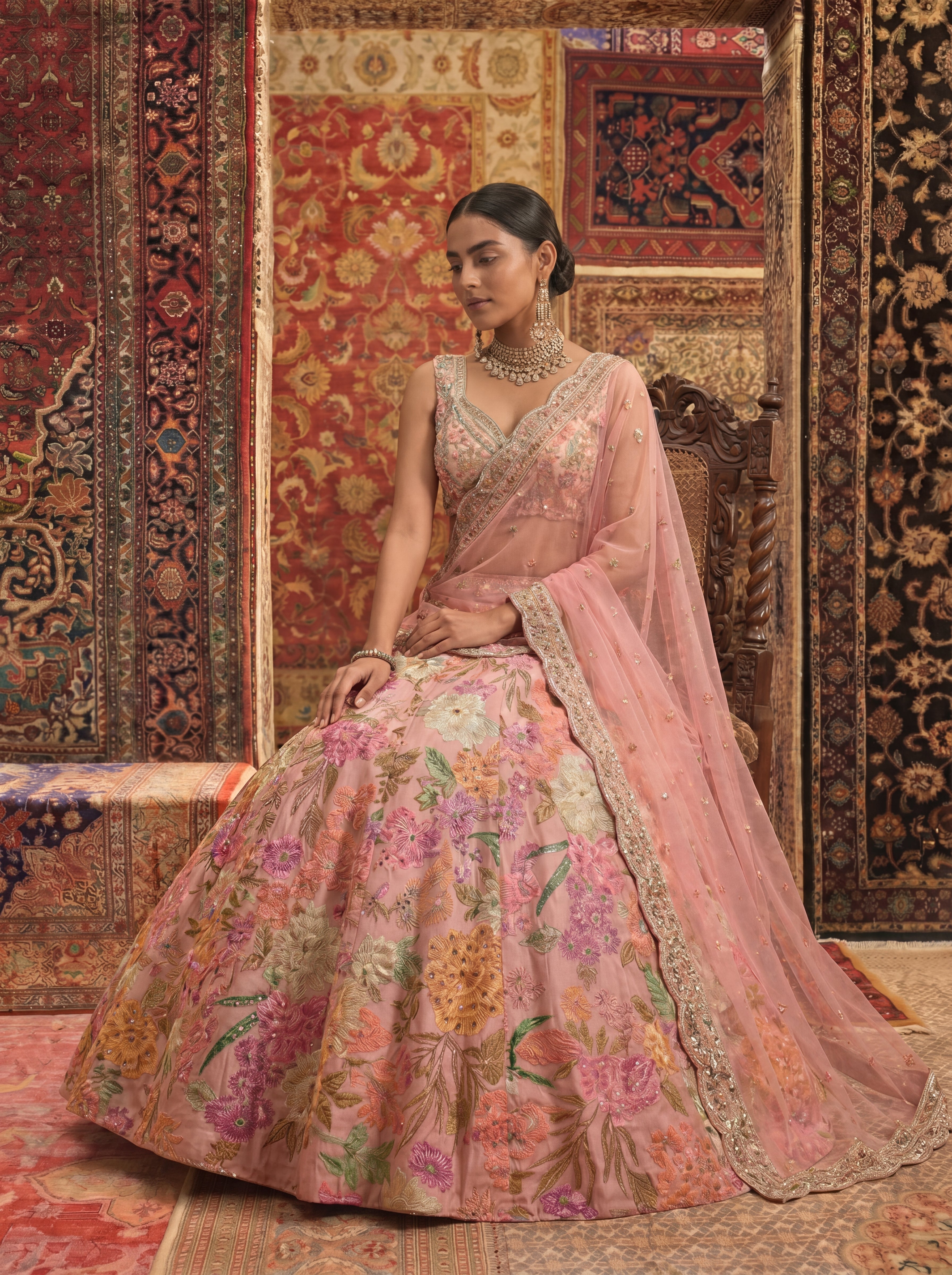 Blush Pink Viscose Sequins Mirror Bridal Lehenga Choli Set