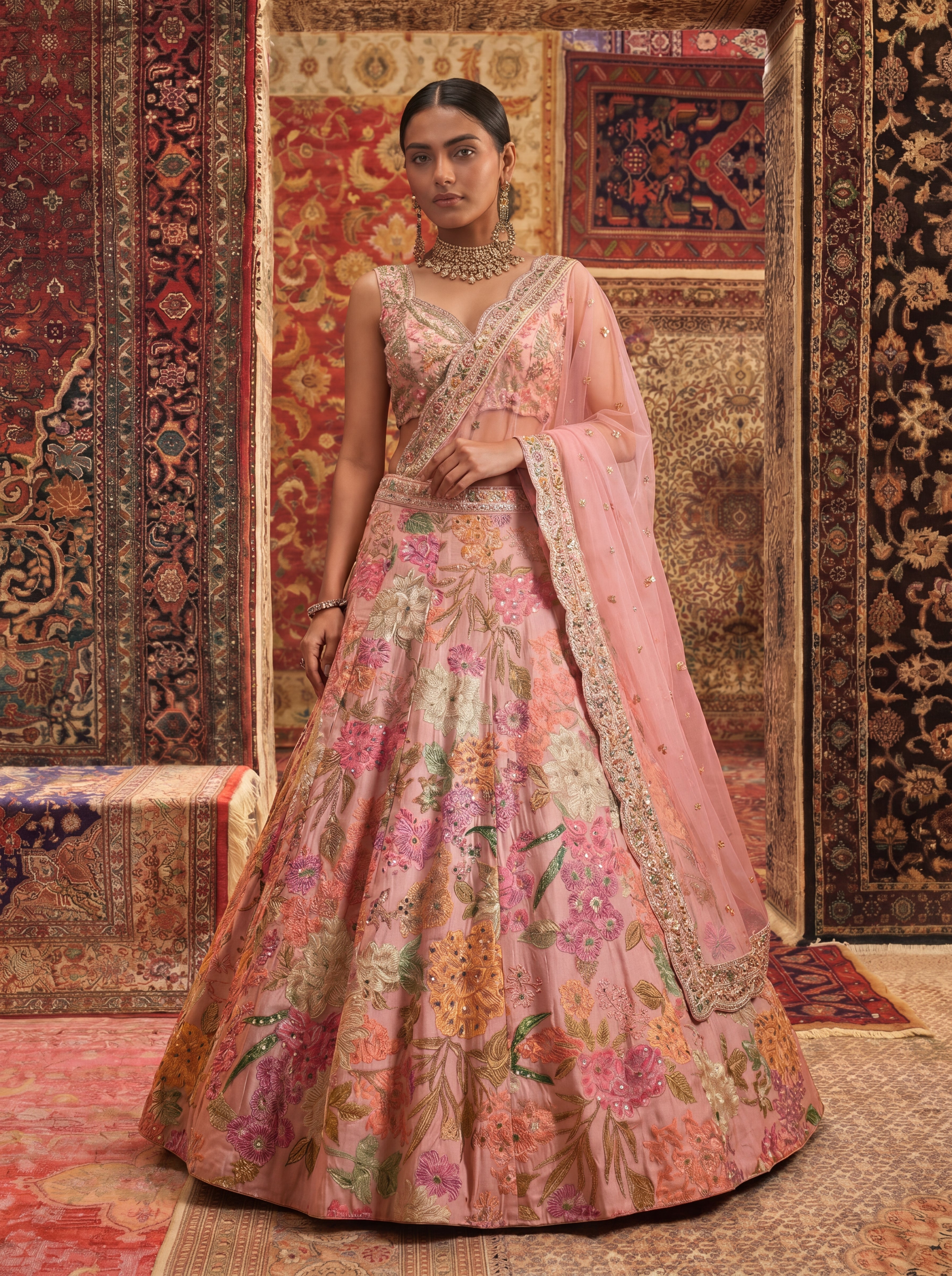 Blush Pink Viscose Sequins Mirror Bridal Lehenga Choli Set