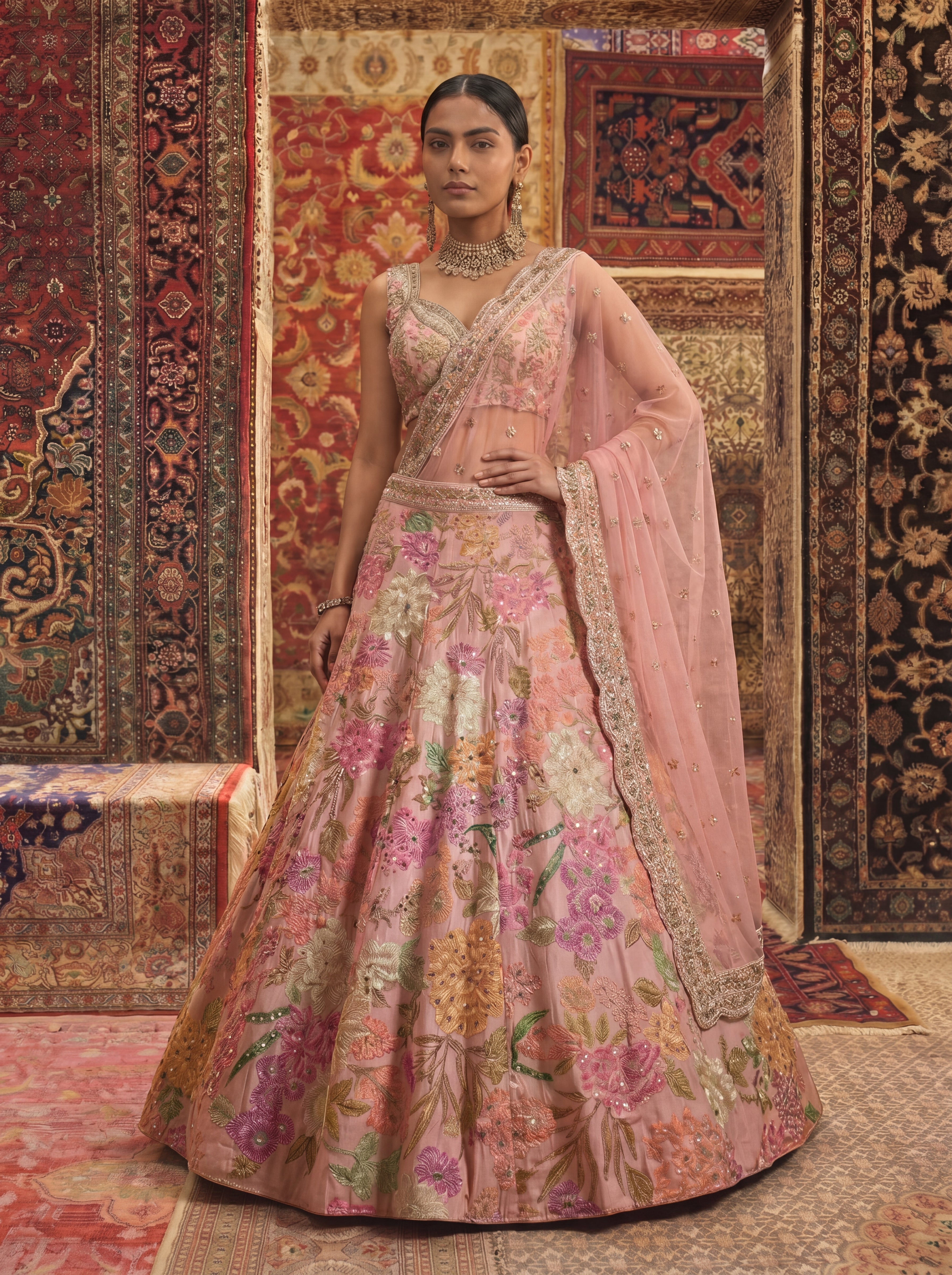 Blush Pink Viscose Sequins Mirror Bridal Lehenga Choli Set