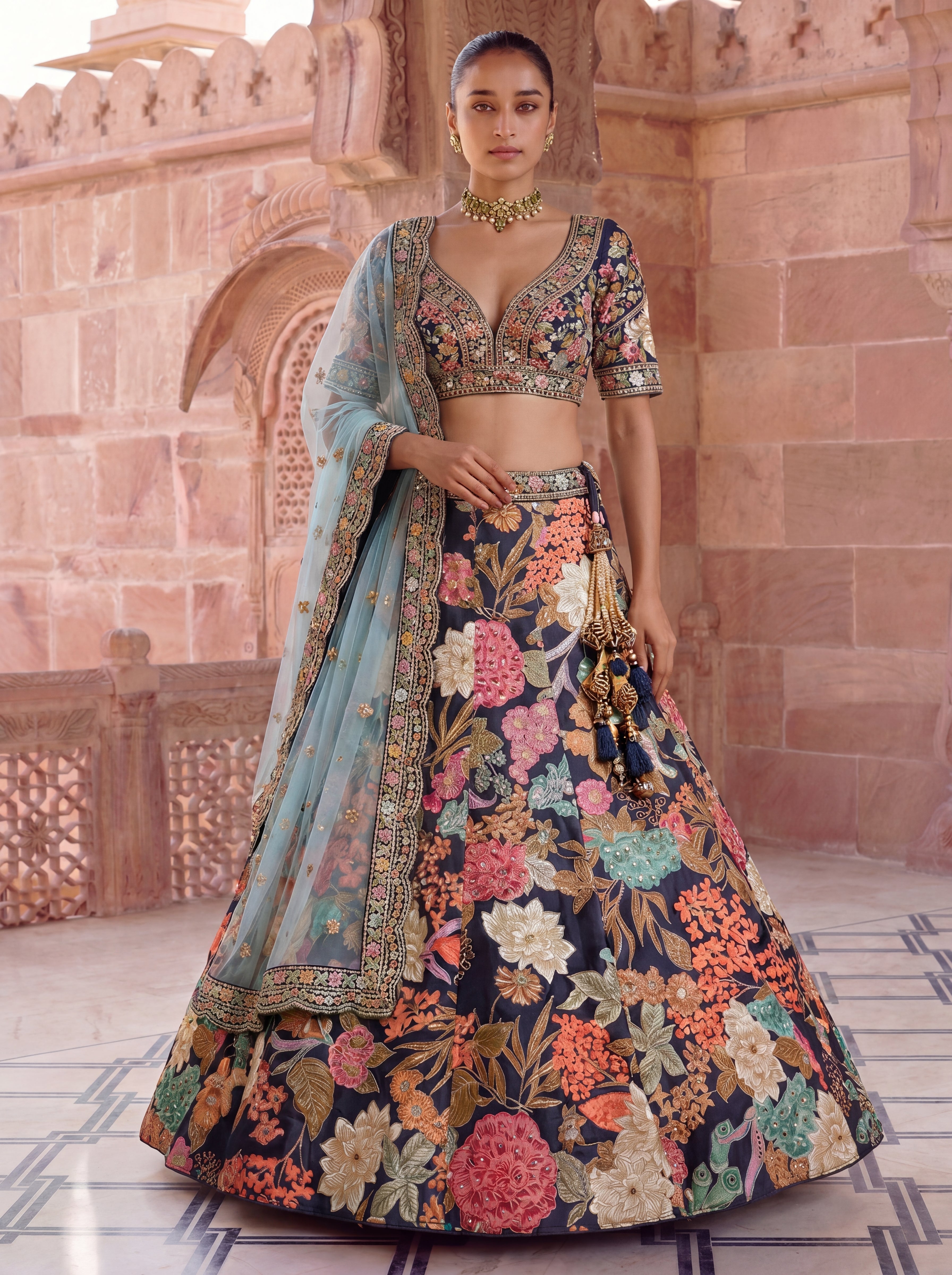 Navy Blue Viscose Floral Embroidered Bridal Lehenga Choli Set