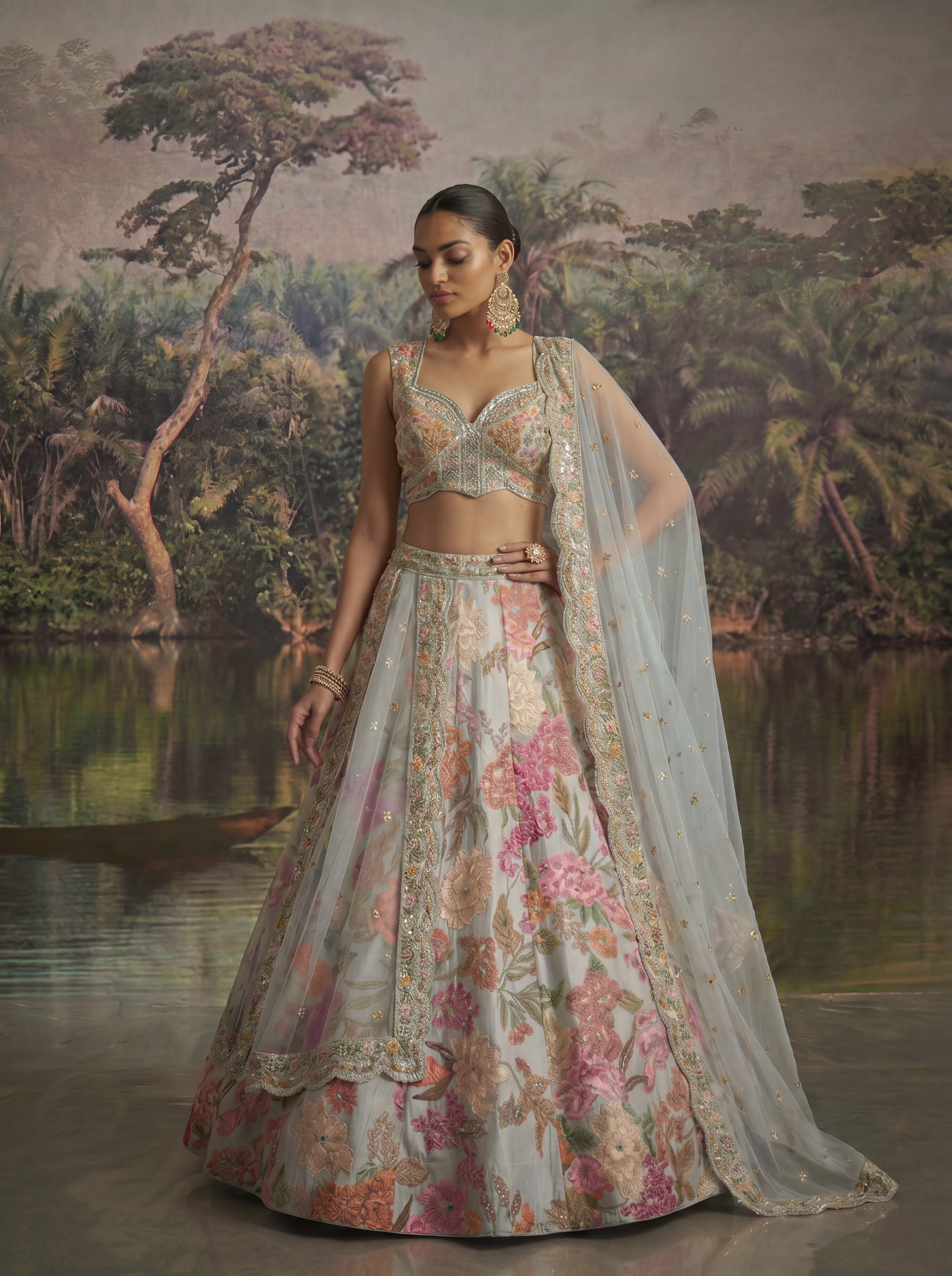 Powder Blue Viscose Sequins Mirror Bridal Lehenga Choli Set
