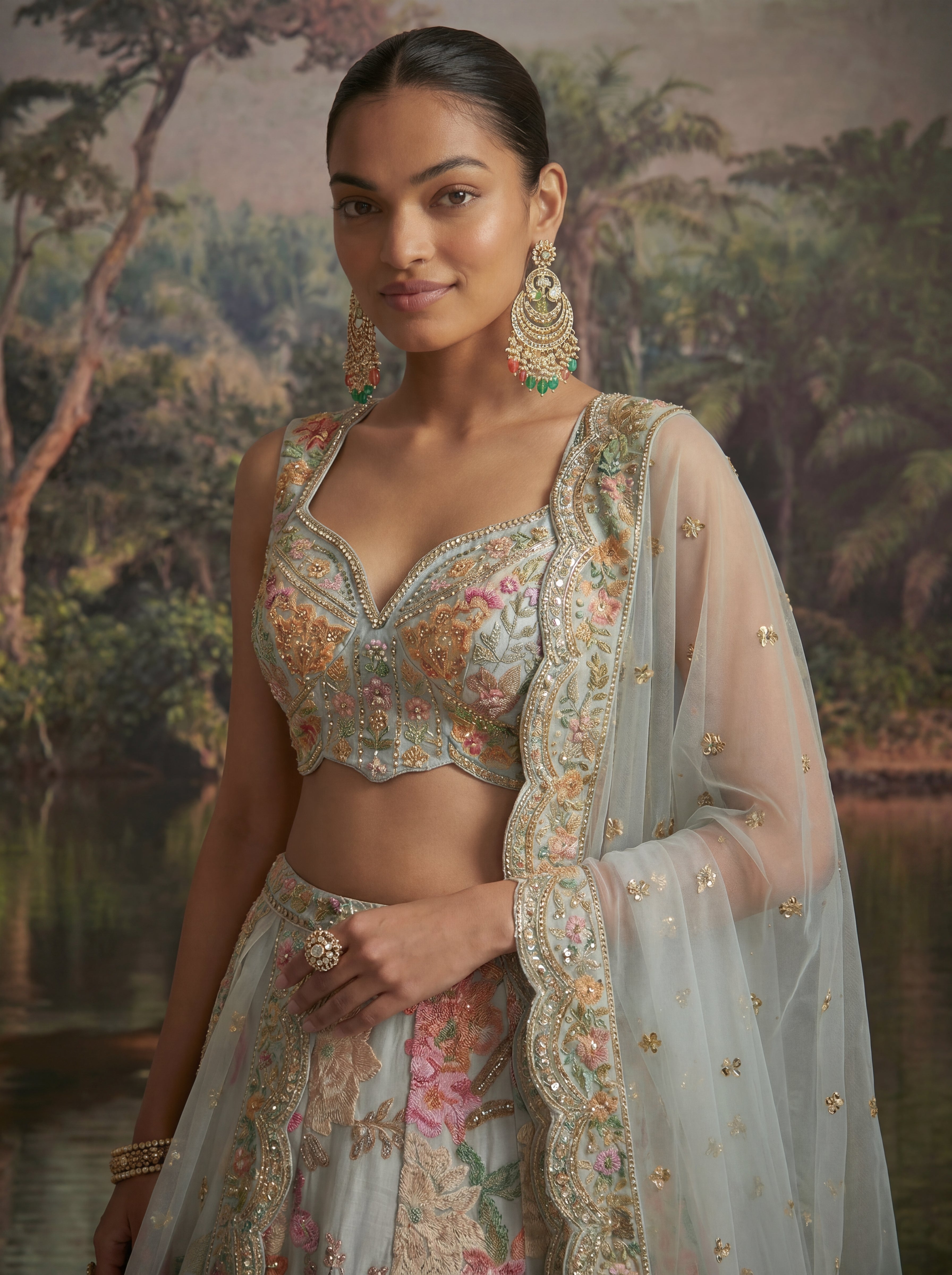 Powder Blue Viscose Sequins Mirror Bridal Lehenga Choli Set
