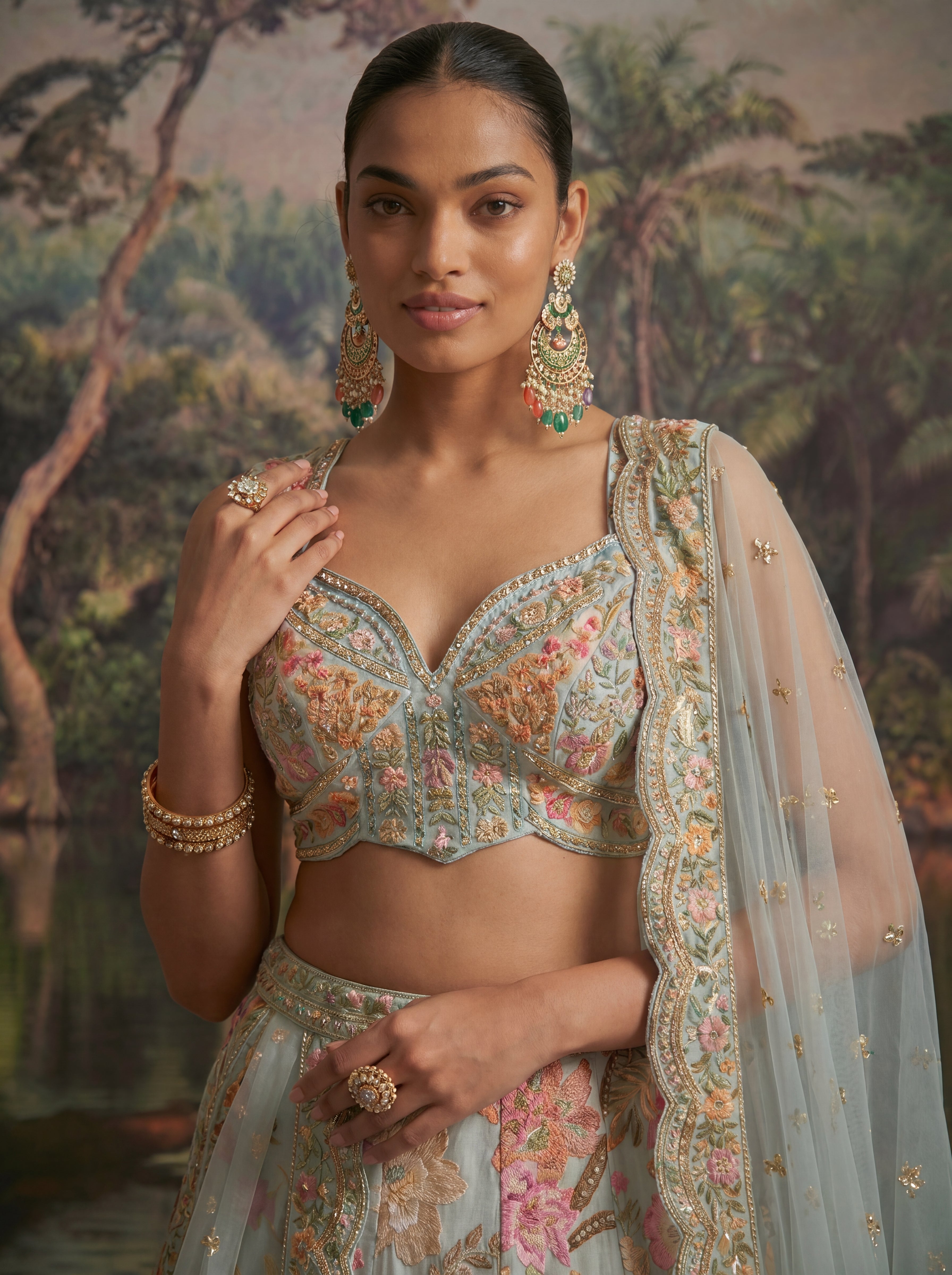 Powder Blue Viscose Sequins Mirror Bridal Lehenga Choli Set