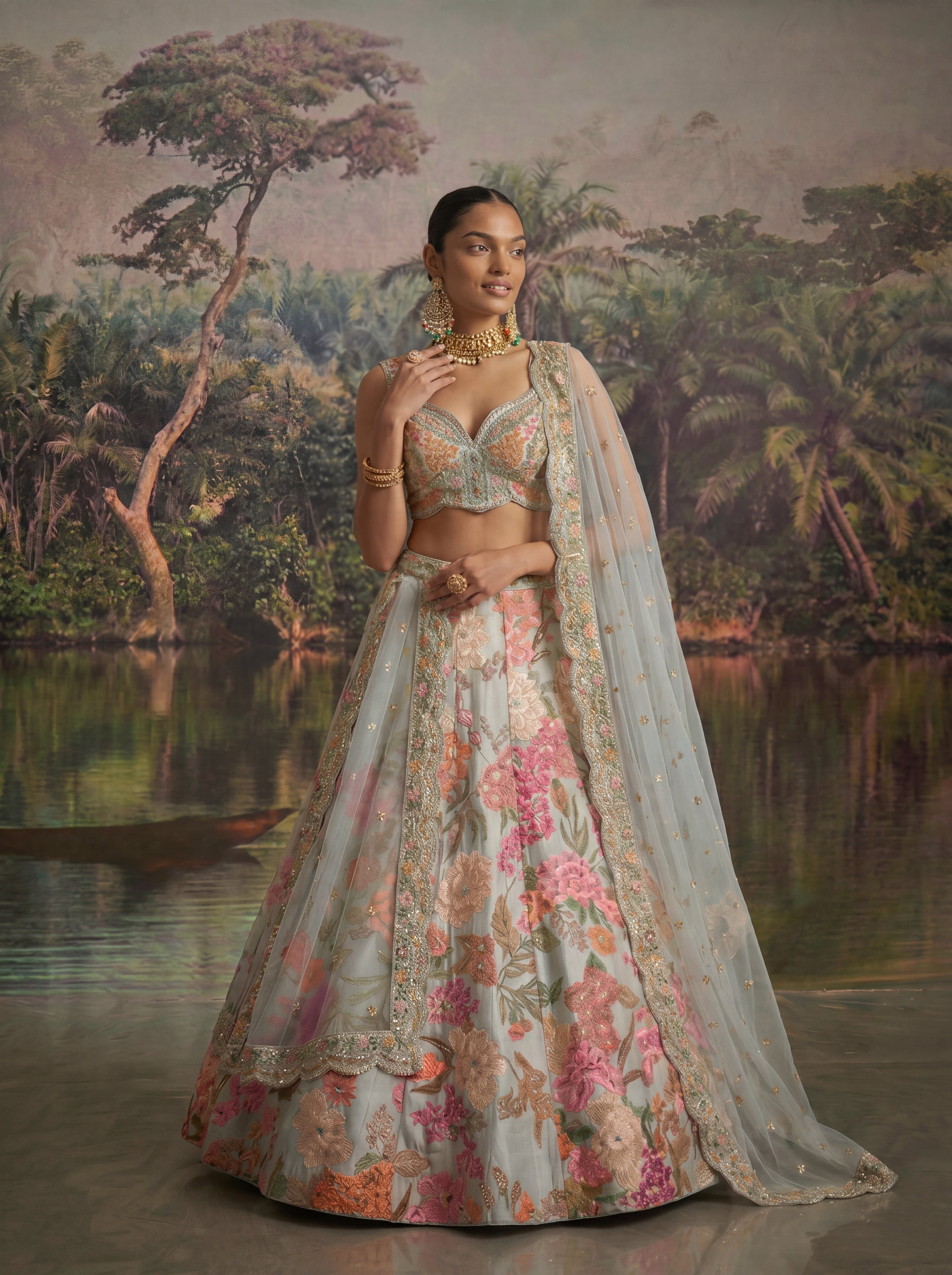 Powder Blue Viscose Sequins Mirror Bridal Lehenga Choli Set