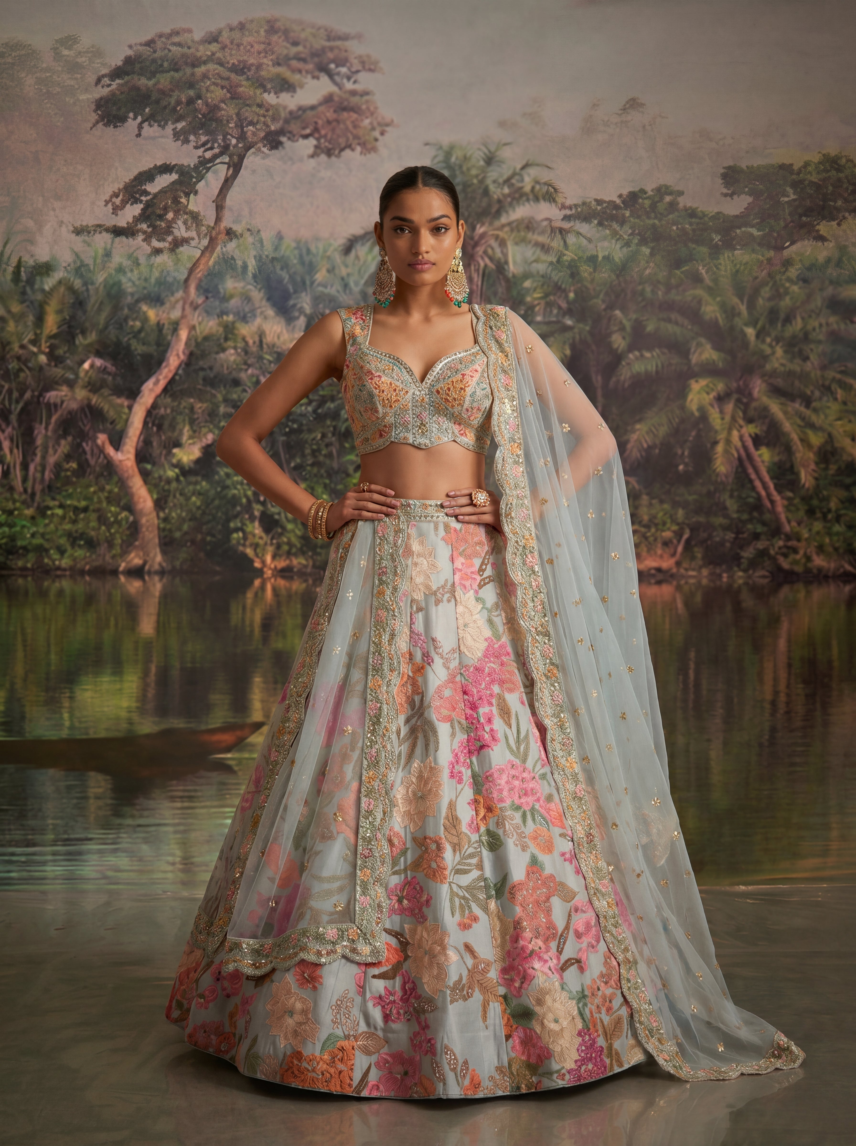 Powder Blue Viscose Sequins Mirror Bridal Lehenga Choli Set
