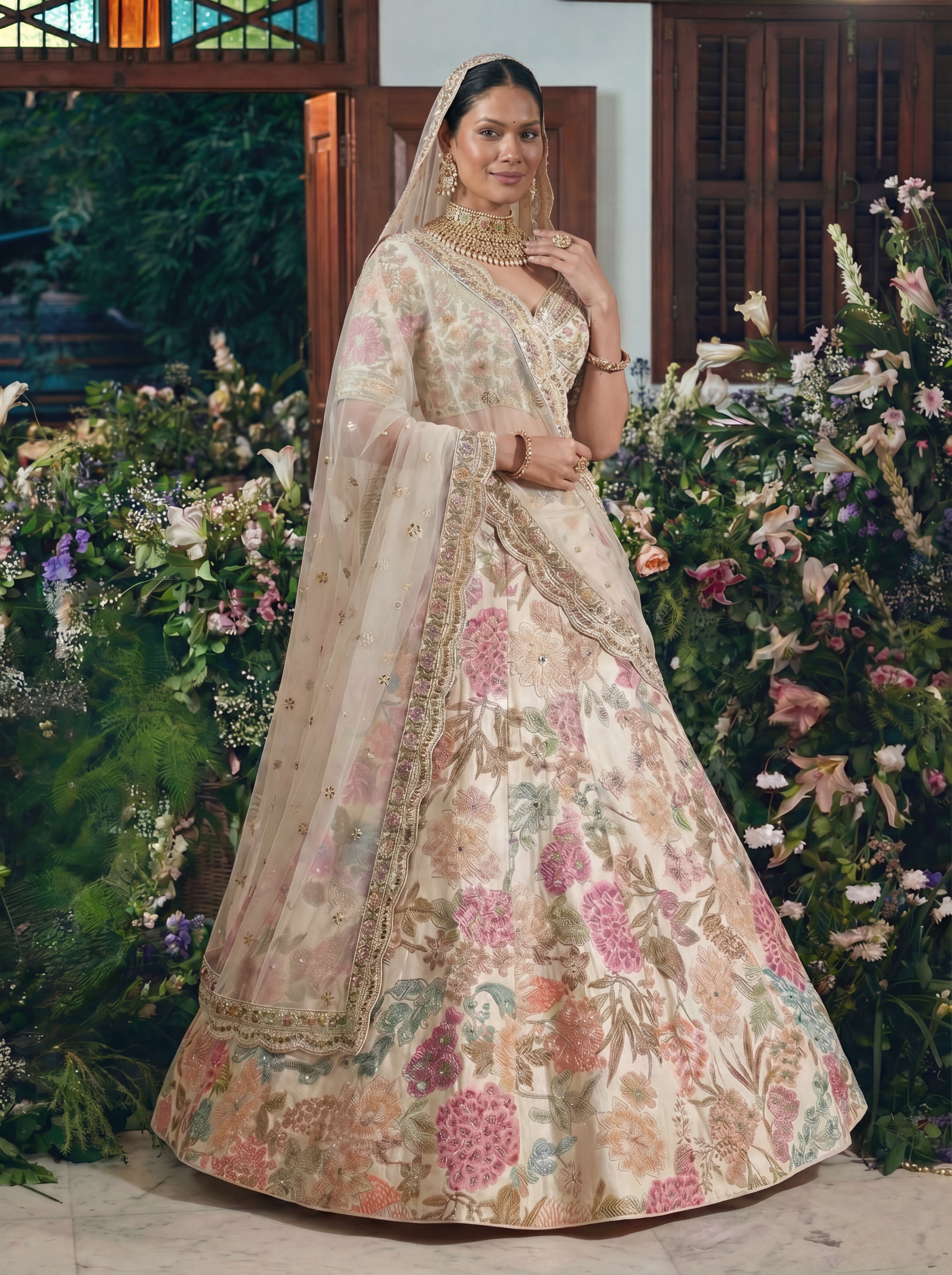 Ivory Cream Viscose Sequins Mirror Bridal Lehenga Choli Set