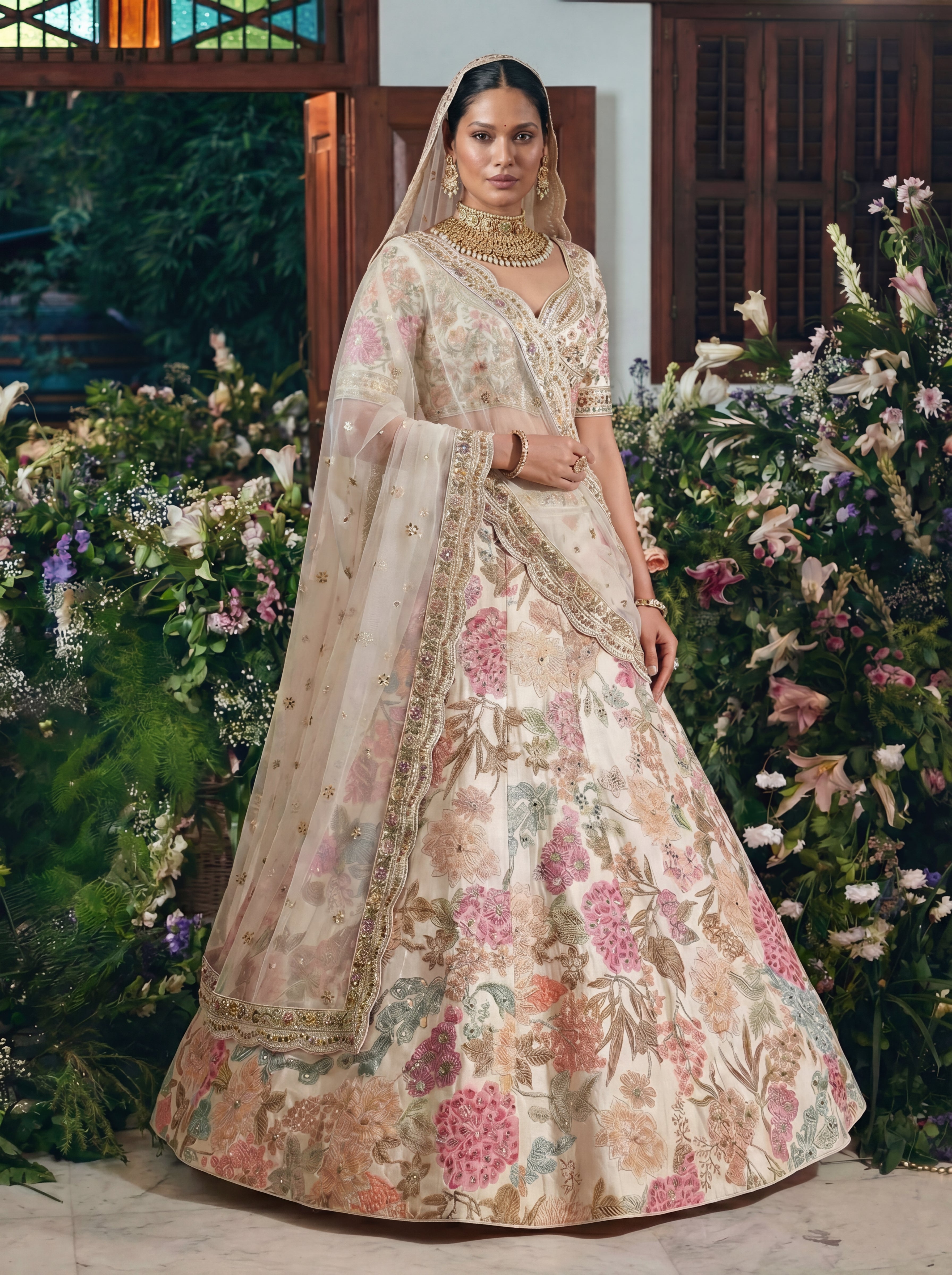 Ivory Cream Viscose Sequins Mirror Bridal Lehenga Choli Set
