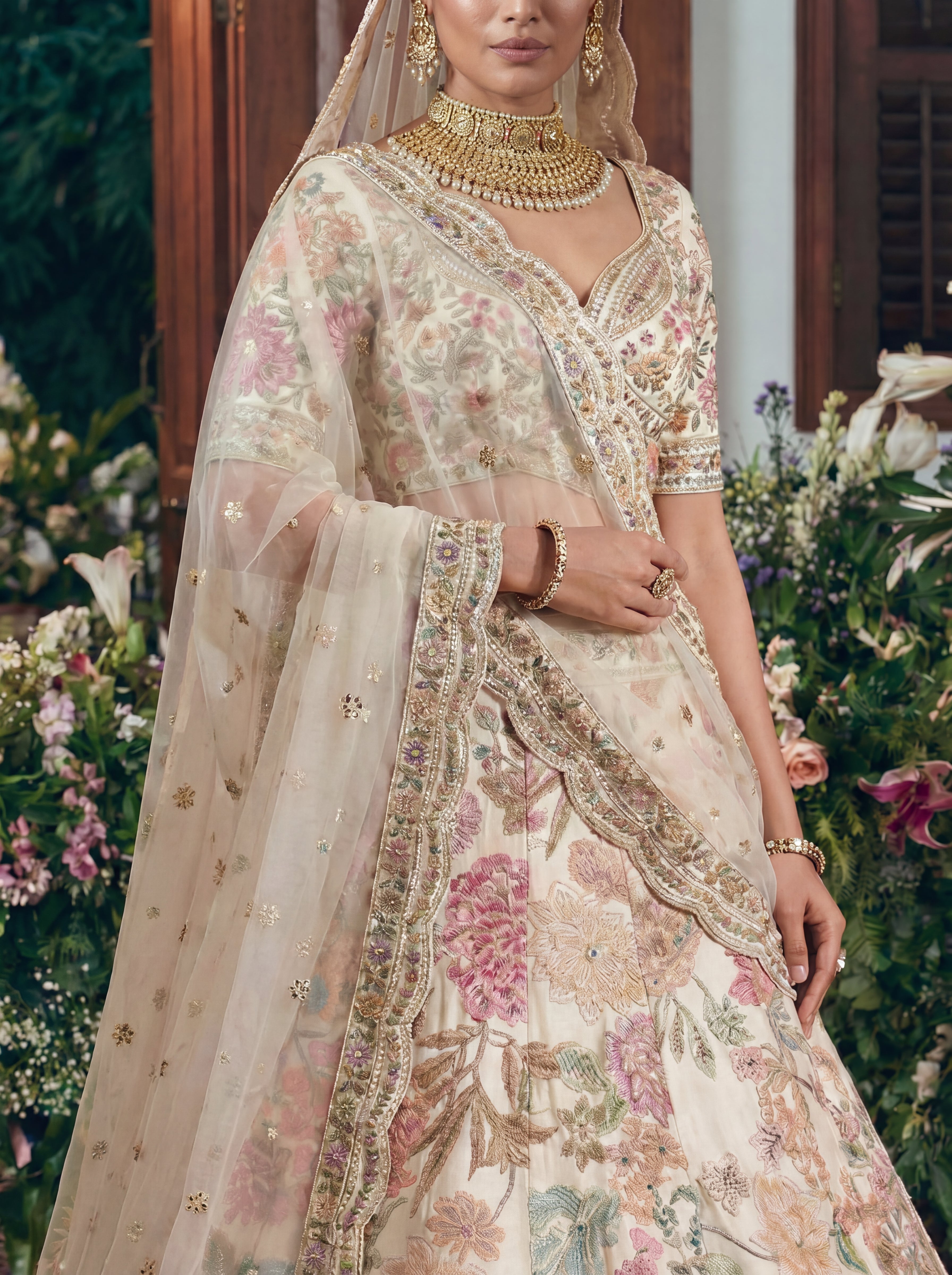 Ivory Cream Viscose Sequins Mirror Bridal Lehenga Choli Set