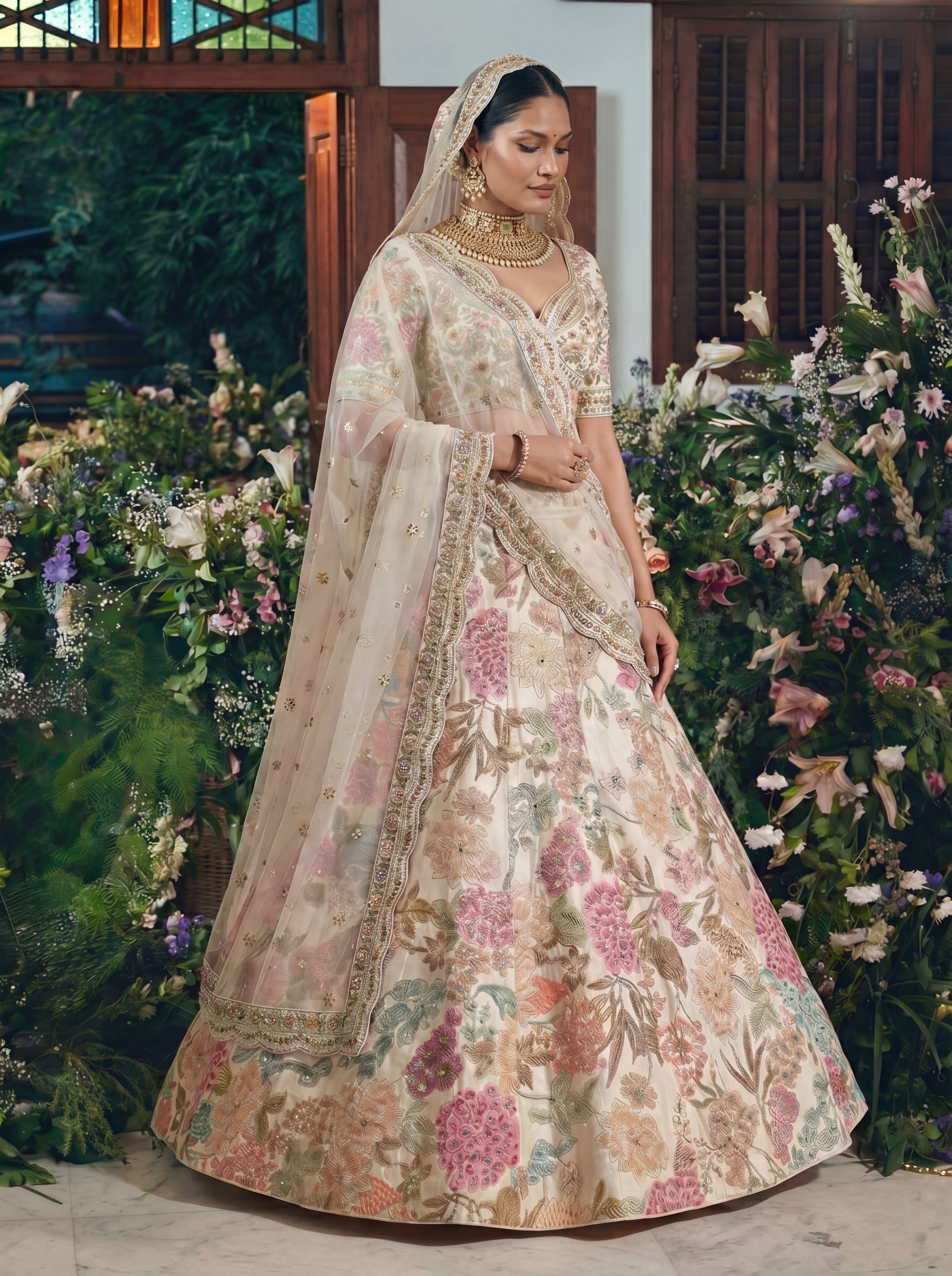 Ivory Cream Viscose Sequins Mirror Bridal Lehenga Choli Set
