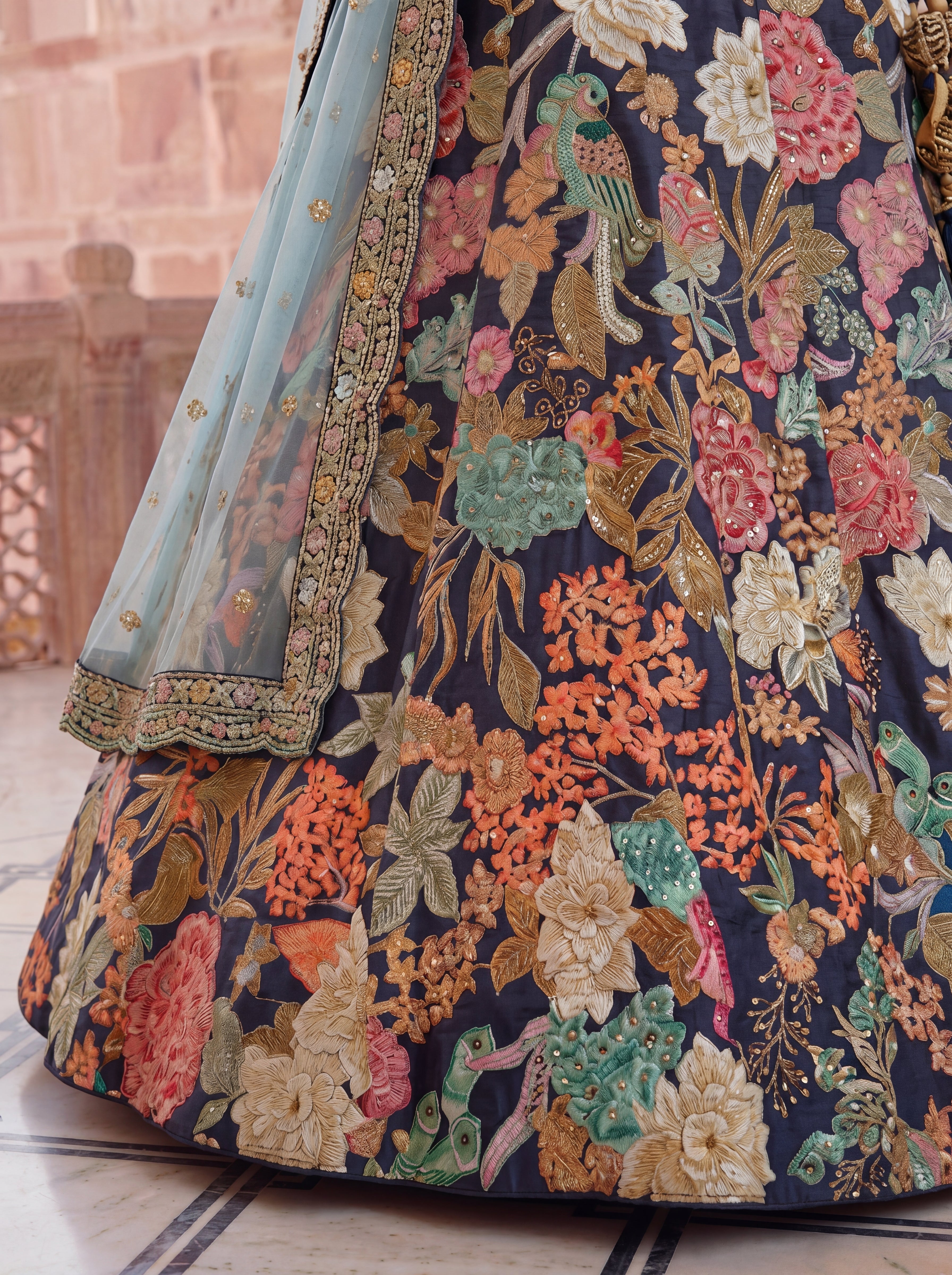 Navy Blue Viscose Floral Embroidered Bridal Lehenga Choli Set